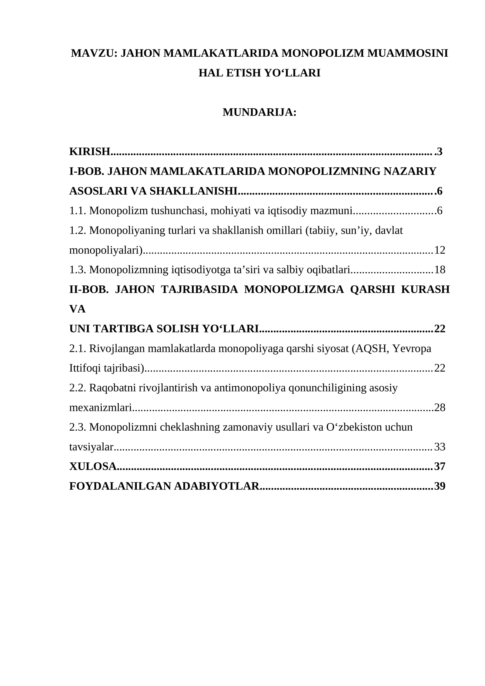 JAHON MAMLAKATLARIDA MONOPOLIZM MUAMMOSINI HAL ETISH YO‘LLARI