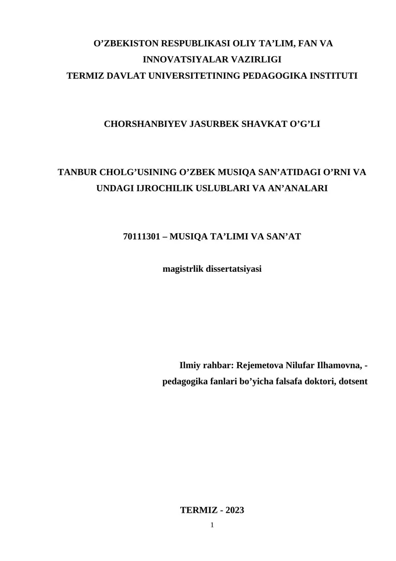TANBUR CHOLG'USINING O'ZBEK MUSIQА SАN'АTIDАGI O'RNI VА UNDАGI IJROCHILIK USLUBLАRI