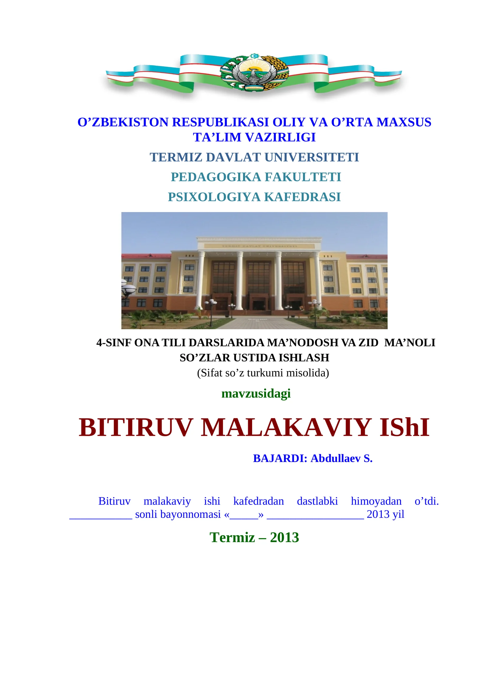4-SINF ONA TILI DARSLARIDA MA’NODOSH VA ZID MA’NOLI SO’ZLAR USTIDA ISHLASH