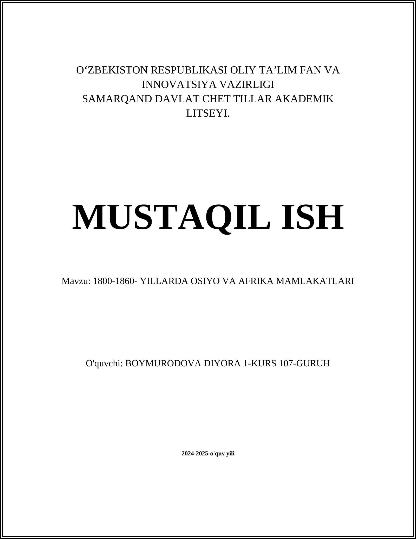 1800-1860- YILLARDA OSIYO VA AFRIKA MAMLAKATLARI