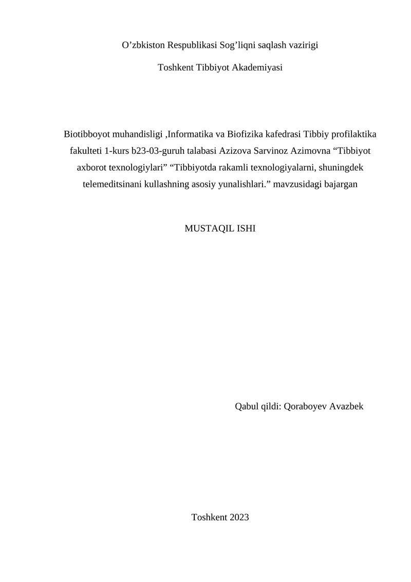 Tibbiyotda rakamli texnologiyalarni, shuningdek telemeditsinani kullashning asosiy yunalishlari