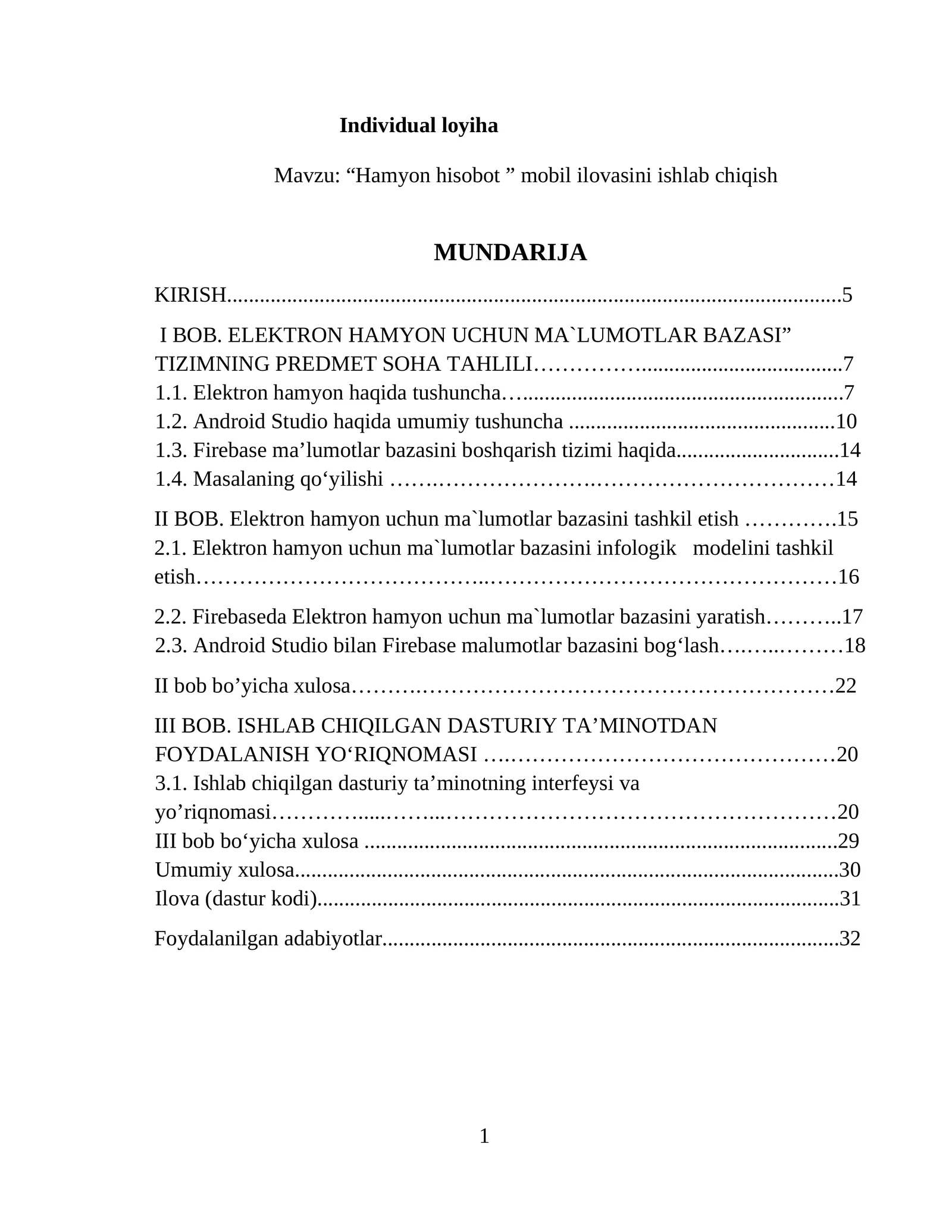 Hamyon hisobot ” mobil ilovasini ishlab chiqish  loyihasi