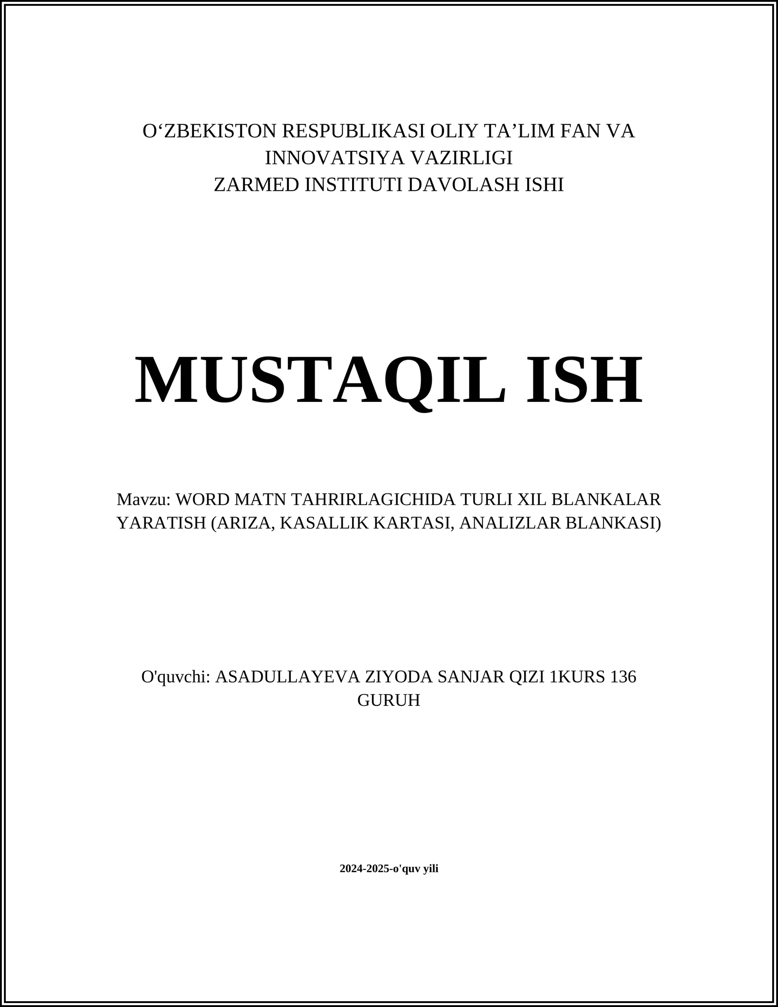 WORD MATN TAHRIRLAGICHIDA TURLI XIL BLANKALAR YARATISH (ARIZA, KASALLIK KARTASI, ANALIZLAR BLANKASI)
