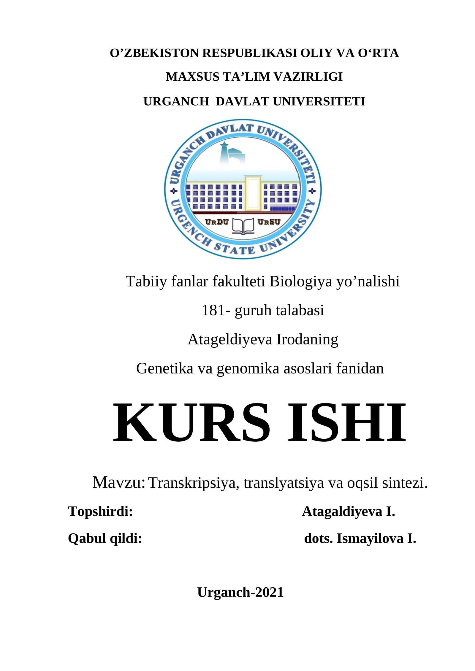 Transkripsiya, translyatsiya va oqsil sintezi