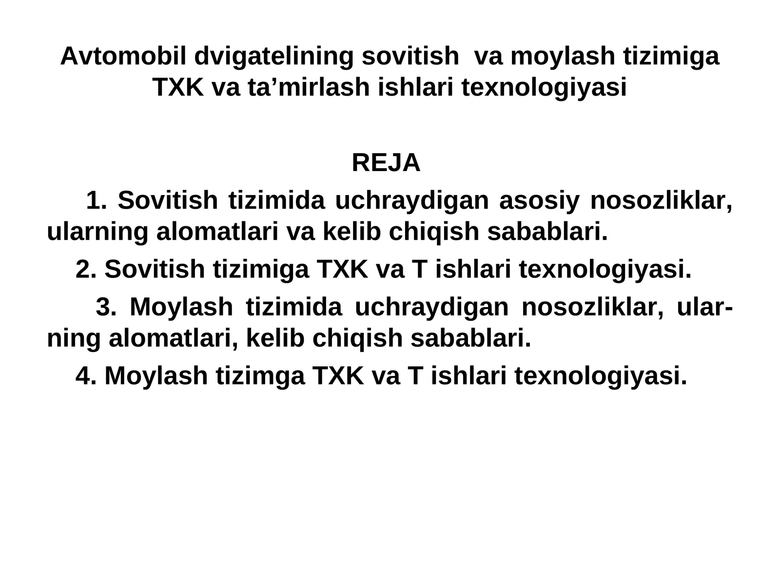 Avtomobil dvigatelining sovitish va moylash tizimiga TXK va ta’mirlash ishlari texnologiyasi