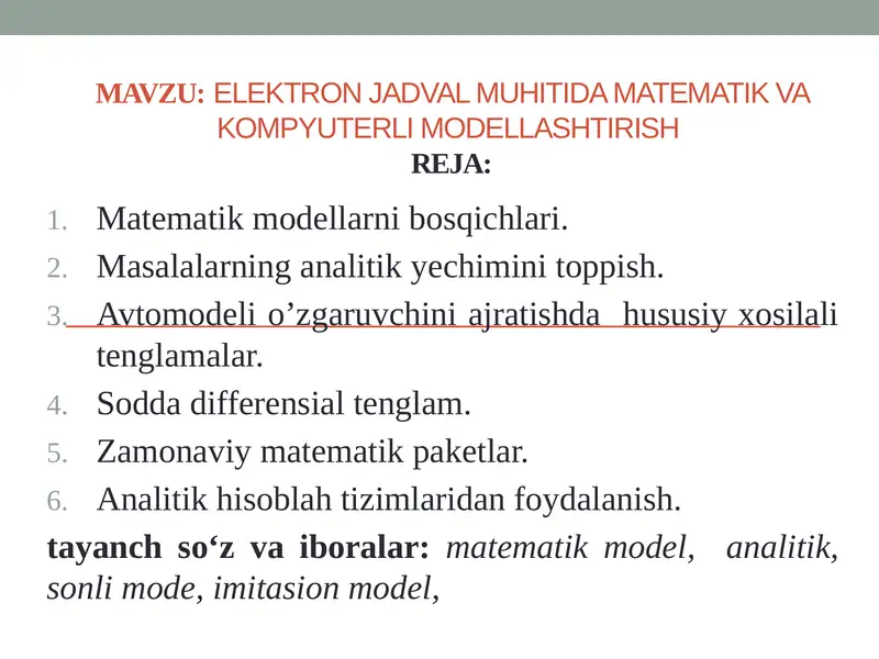 Elektron jadval muhitida matematika va kompyuterli modellashtirish
