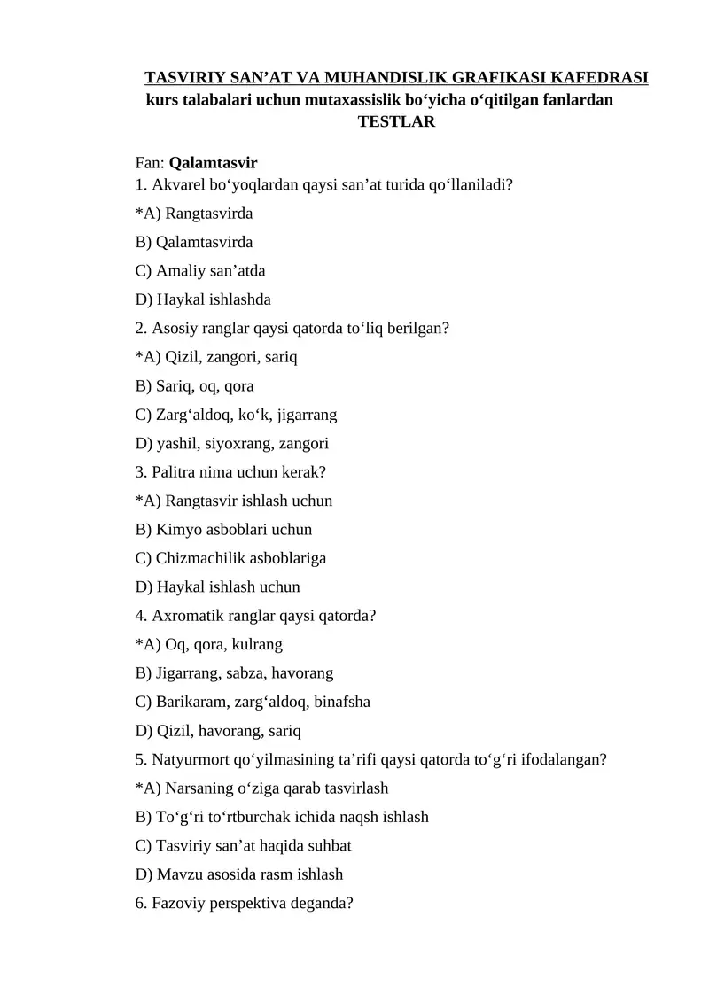 TASVIRIY SAN’AT VA MUHANDISLIK GRAFIKASI KAFEDRASI kurs talabalari uchun mutaxassislik bo‘yicha o‘qitilgan fanlardan TESTLAR
