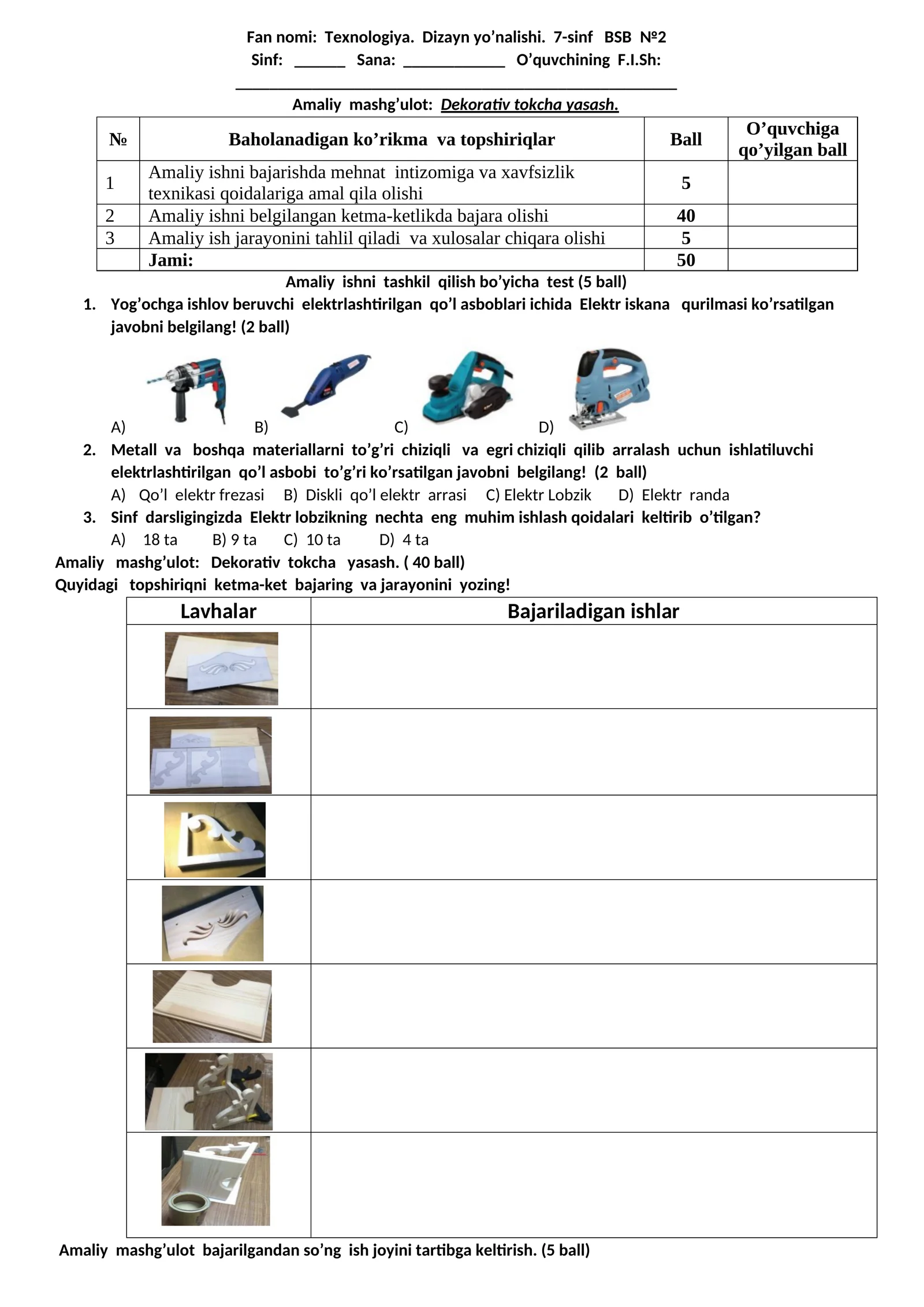 Texnologiya fanidan  BSB-1,2  ca CHSB-3   (Dizayn yo'nalishi)