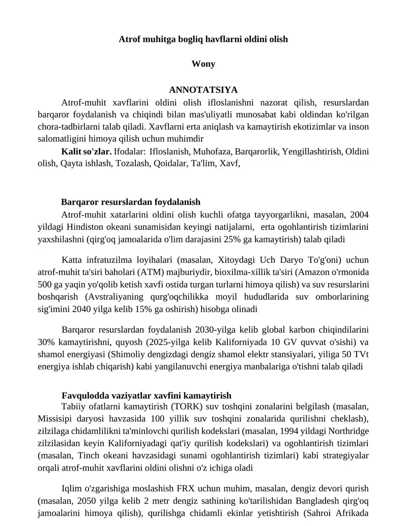 Atrof muhitga bogliq havflarni oldini olish