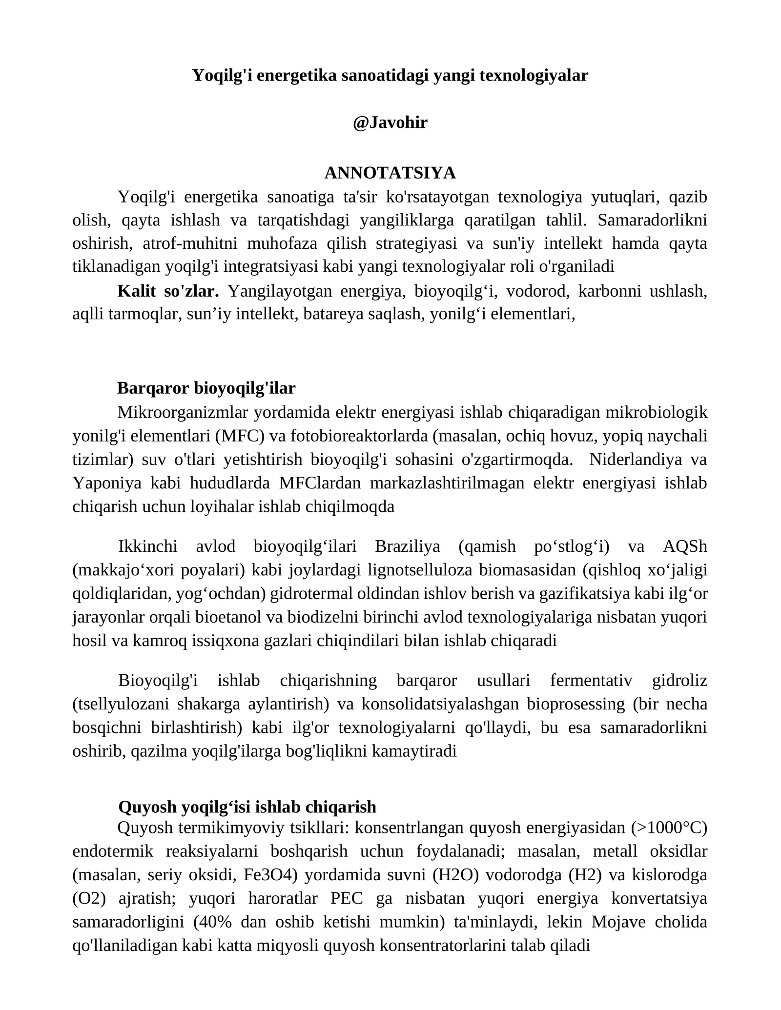 Yoqilg'i energetika sanoatidagi yangi texnologiyalar