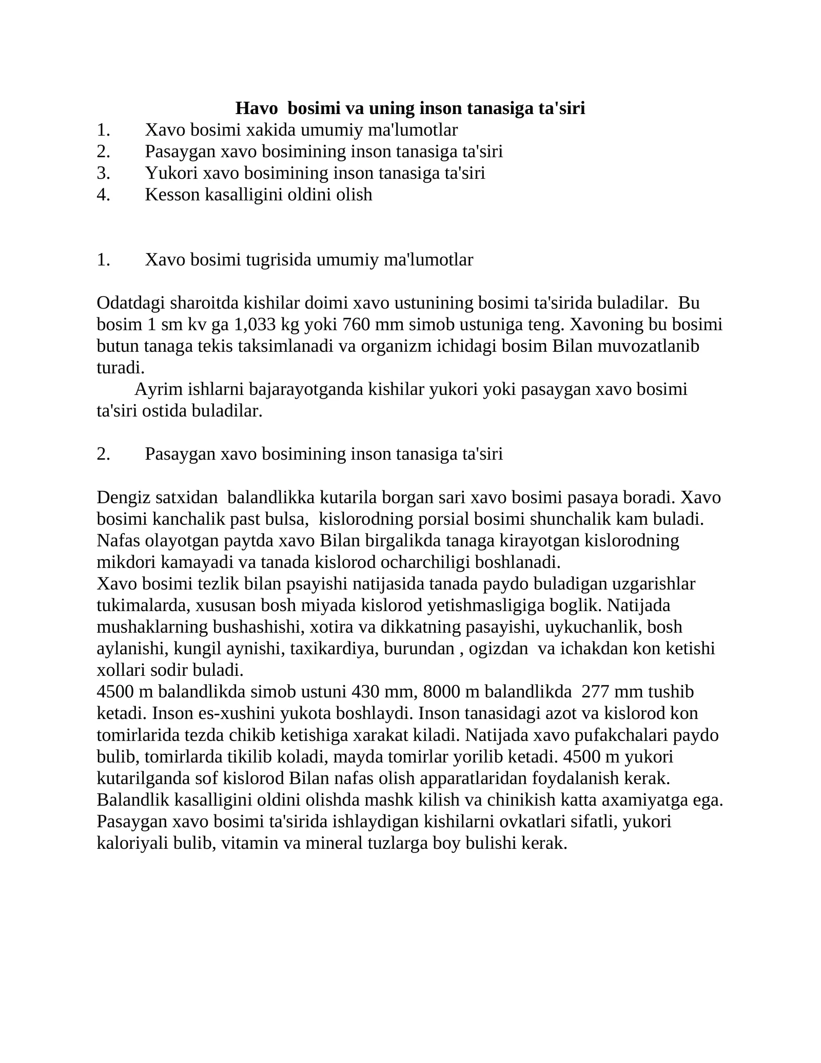 Havo bosimi va uning inson tanasiga ta'siri