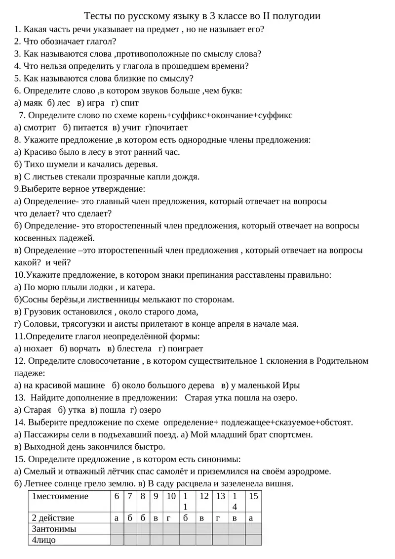 Тесты по русскому языку в 3 классе во II полугодии