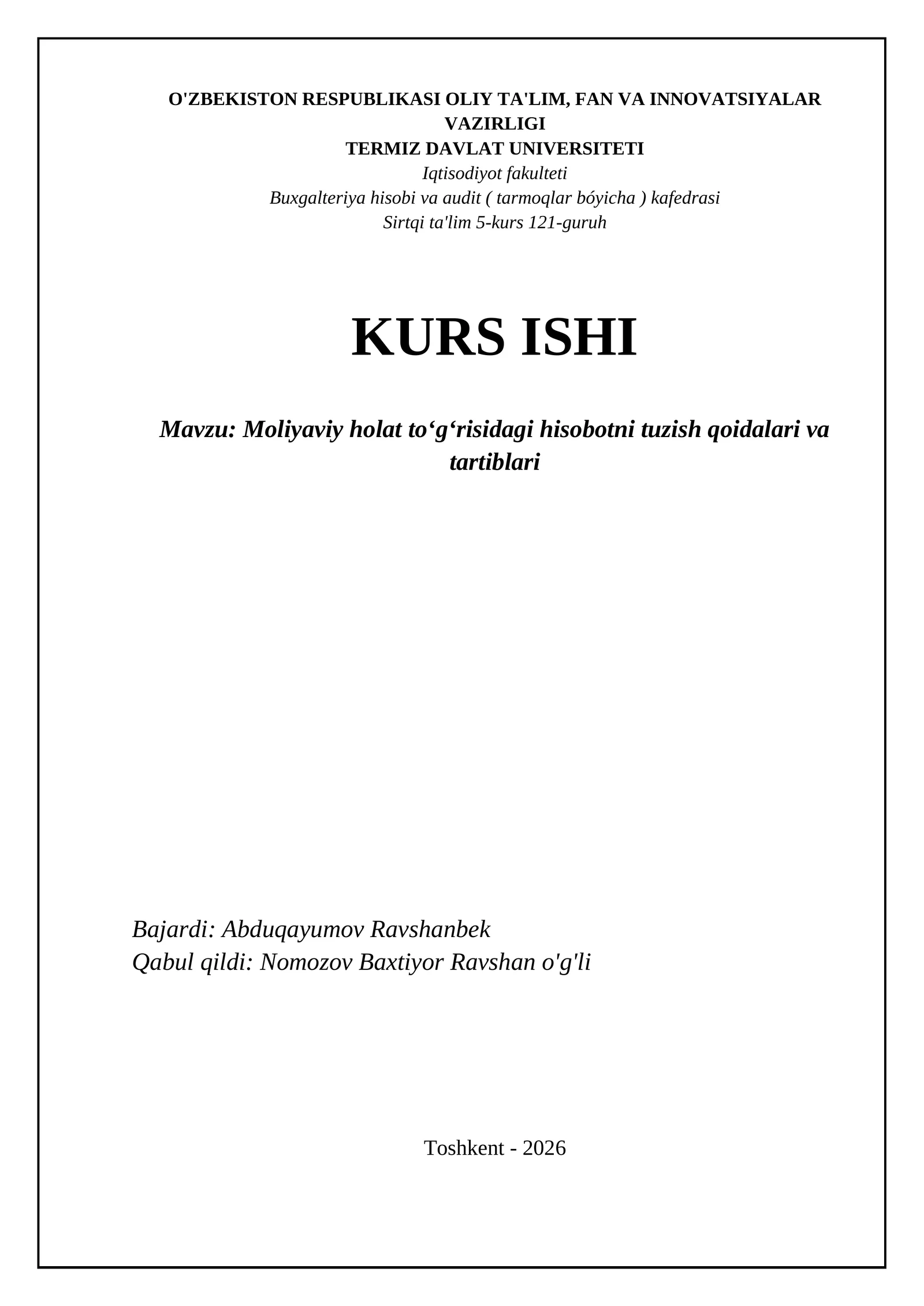 Moliyaviy holat to'g'risidagi hisobotni tuzish qoidalari va tartiblari