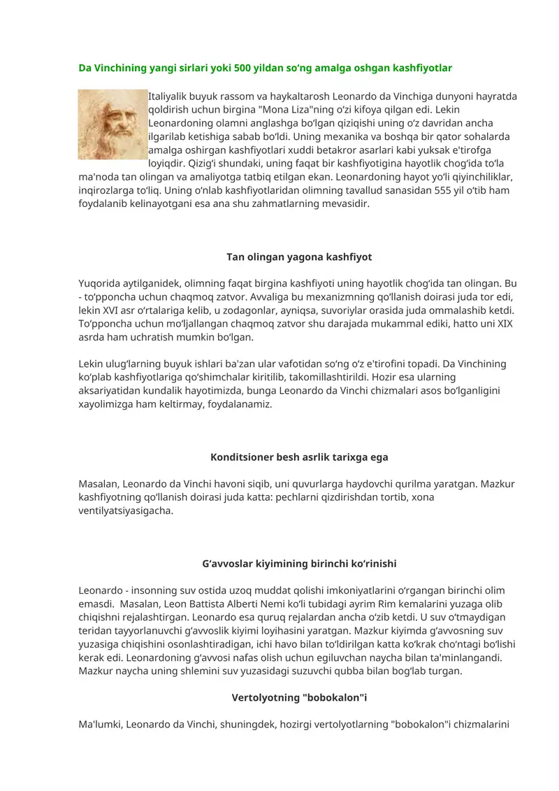 Da Vinchining yangi sirlari yoki 500 yildan so‘ng amalga oshgan kashfiyotlar