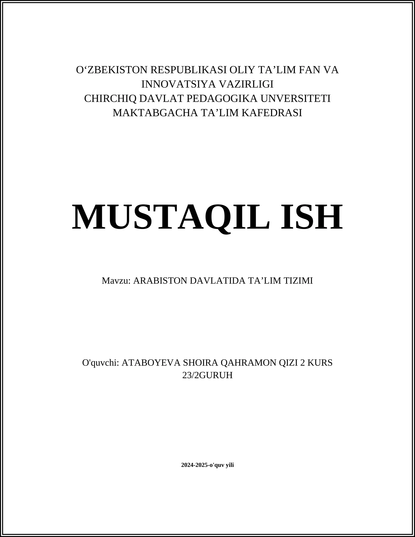 ARABISTON DAVLATIDA TAʼLIM TIZIMI