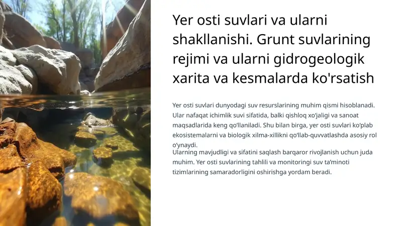 Yer osti suvlari va ularni shakllanishi. Grunt suvlarining rejimi va ularni gidrogeologik xarita va kesmalarda ko'rsatish