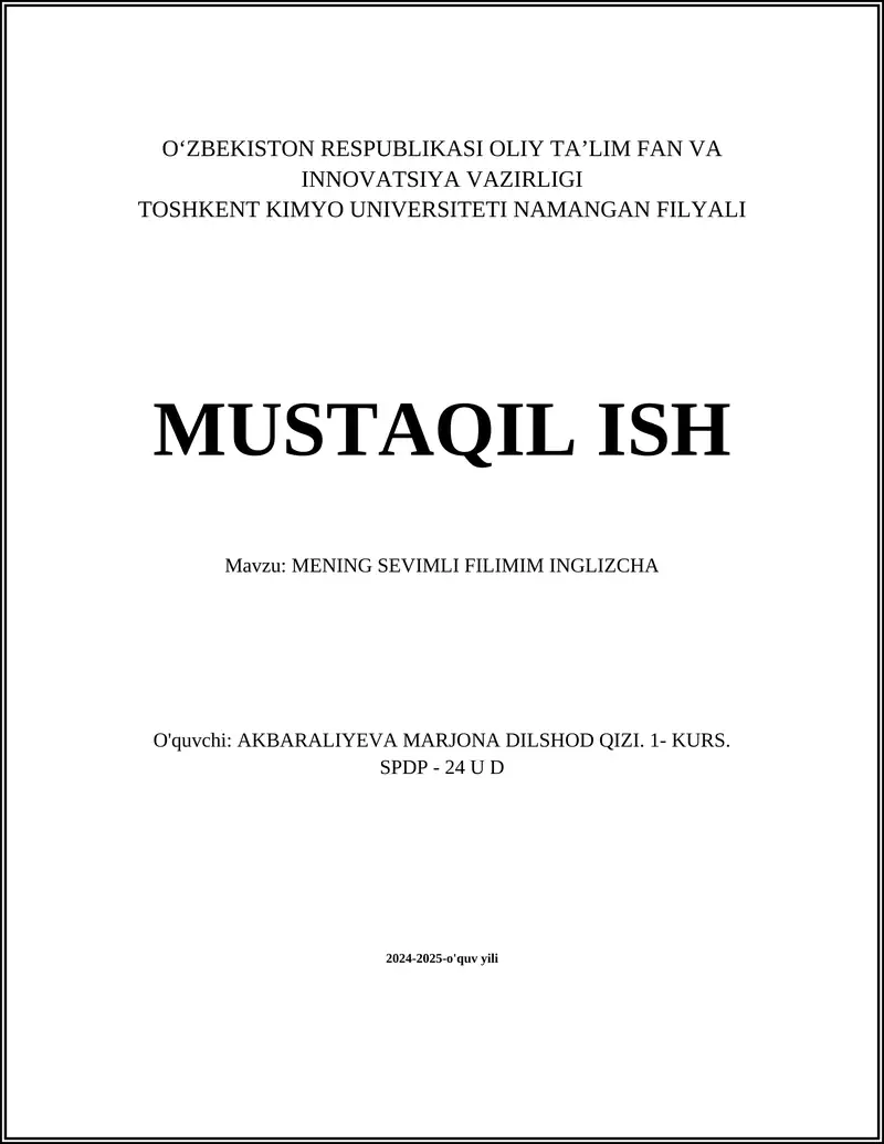 MENING SEVIMLI FILIMIM INGLIZCHA