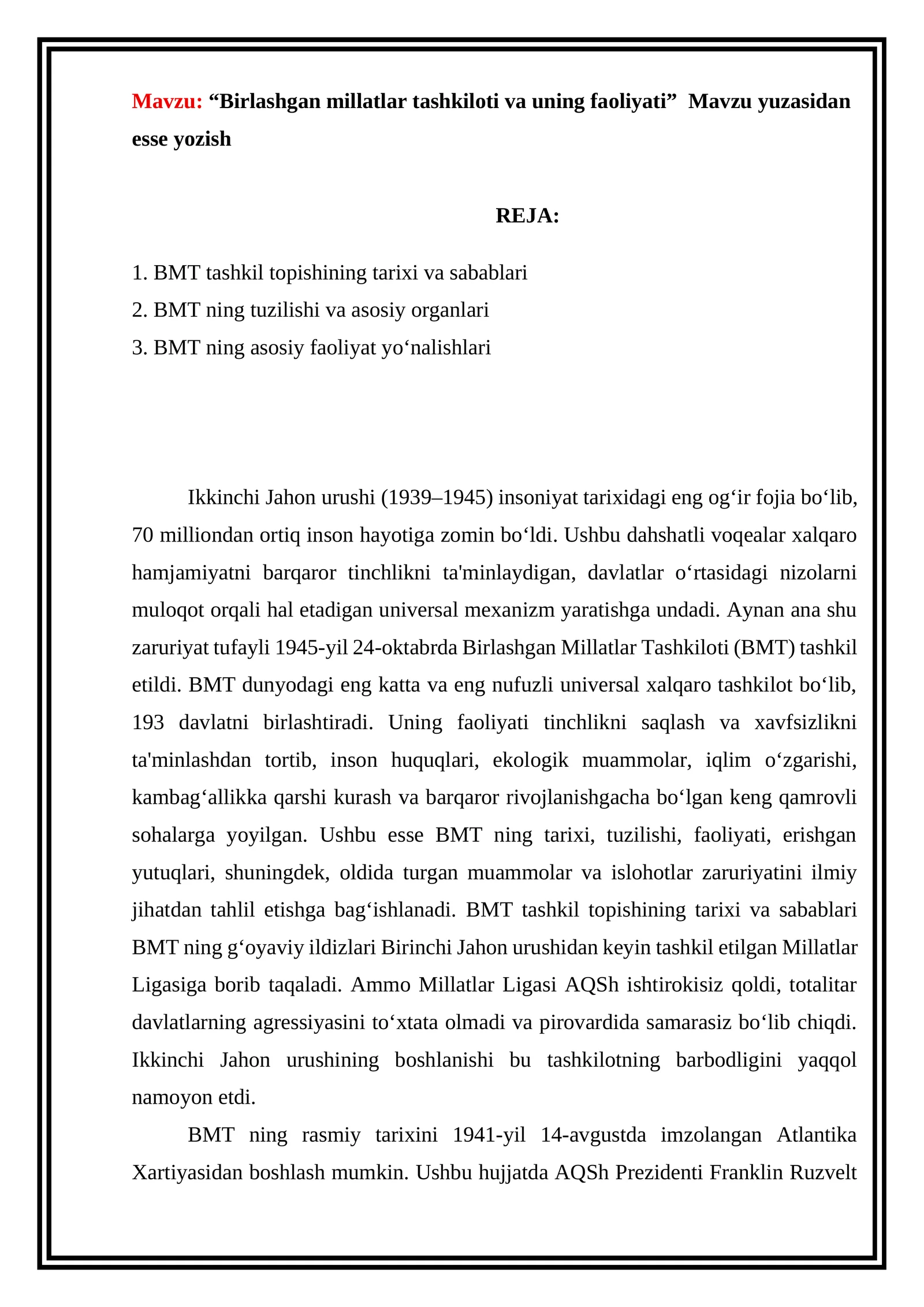 Birlashgan millatlar tashkiloti va uning faoliyati