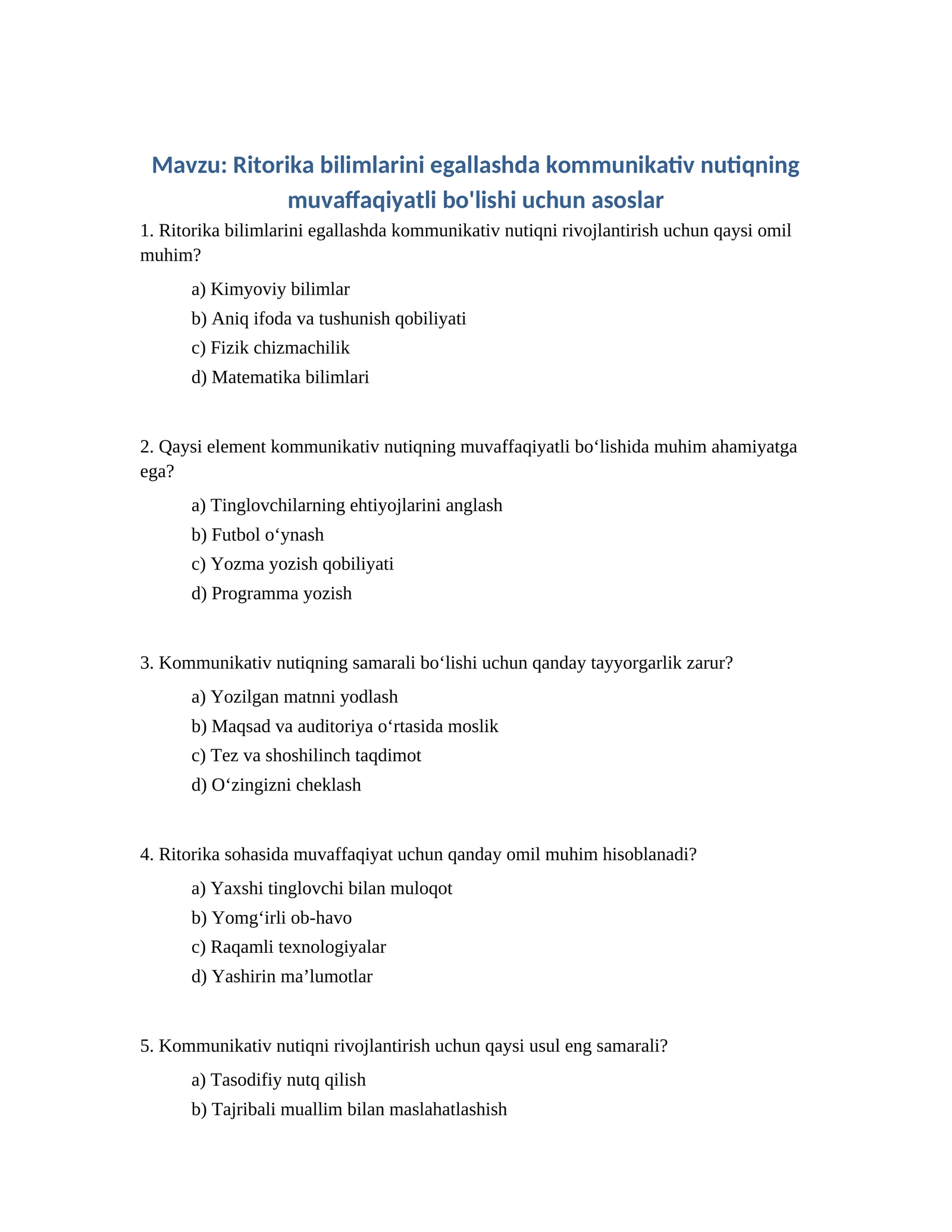 Ritorika bilimlarini egallashda kommunikativ nutiqning muvaffaqiyatli bo'lishi uchun asoslar