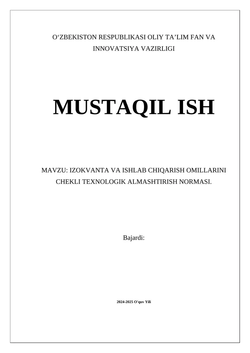 IZOKVANTA VA ISHLAB CHIQARISH OMILLARINI CHEKLI TEXNOLOGIK ALMASHTIRISH NORMASI