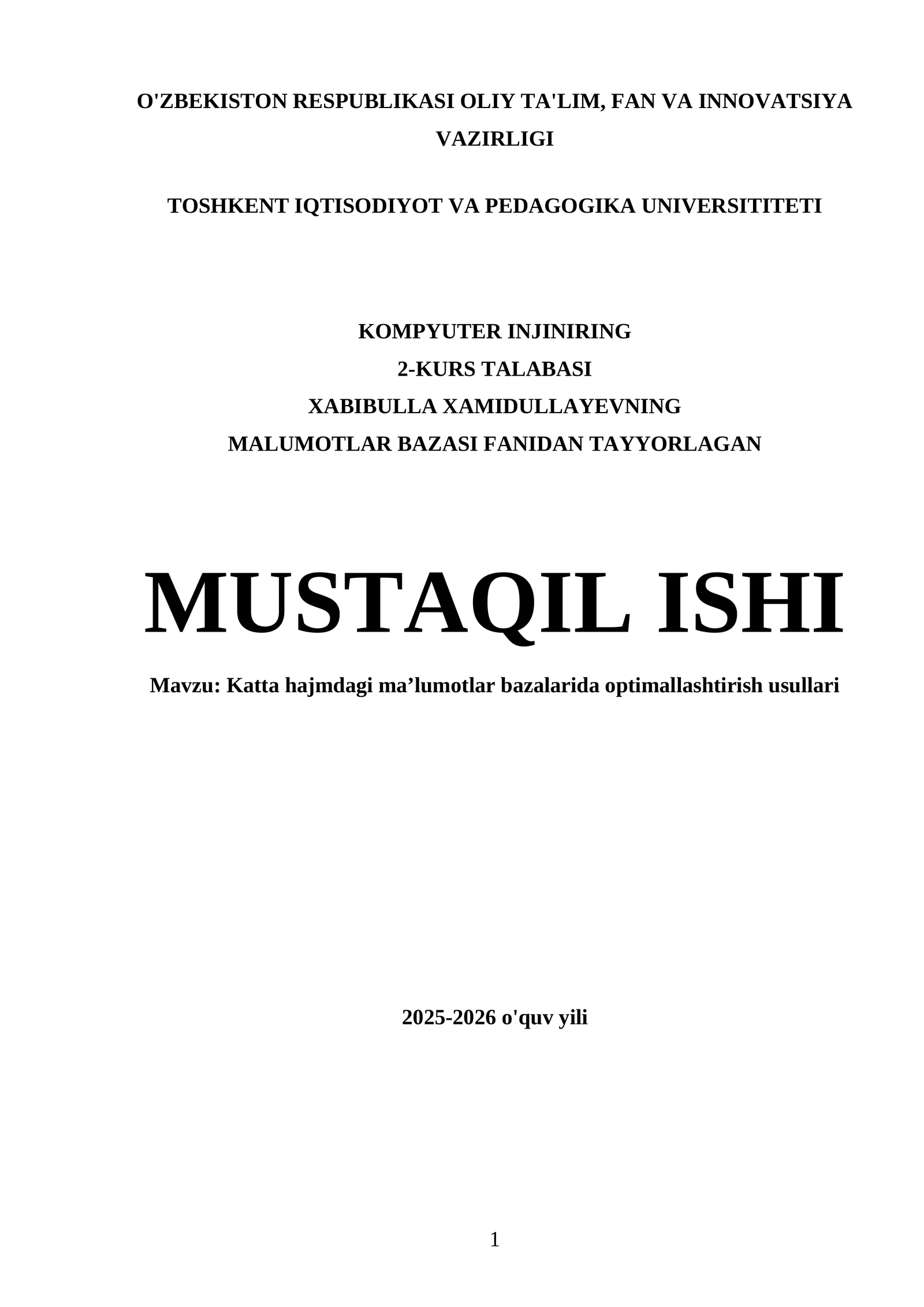 Katta hajmdagi ma’lumotlar bazalarida optimallashtirish usullari