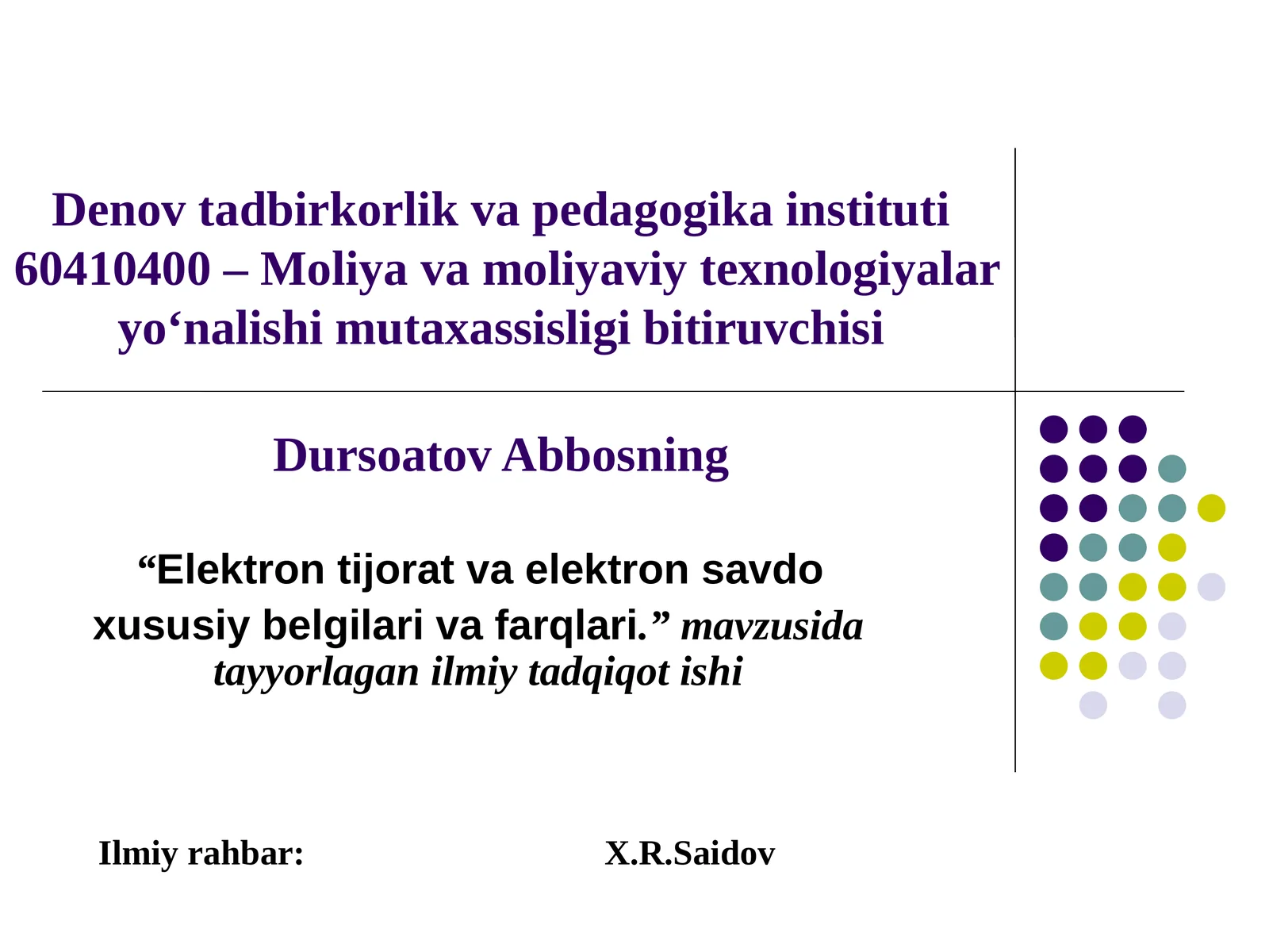 Moliya va Moliyaviy Texnologiyalar Yo‘nalishi Mutaxassisligi Bitiruvchisi