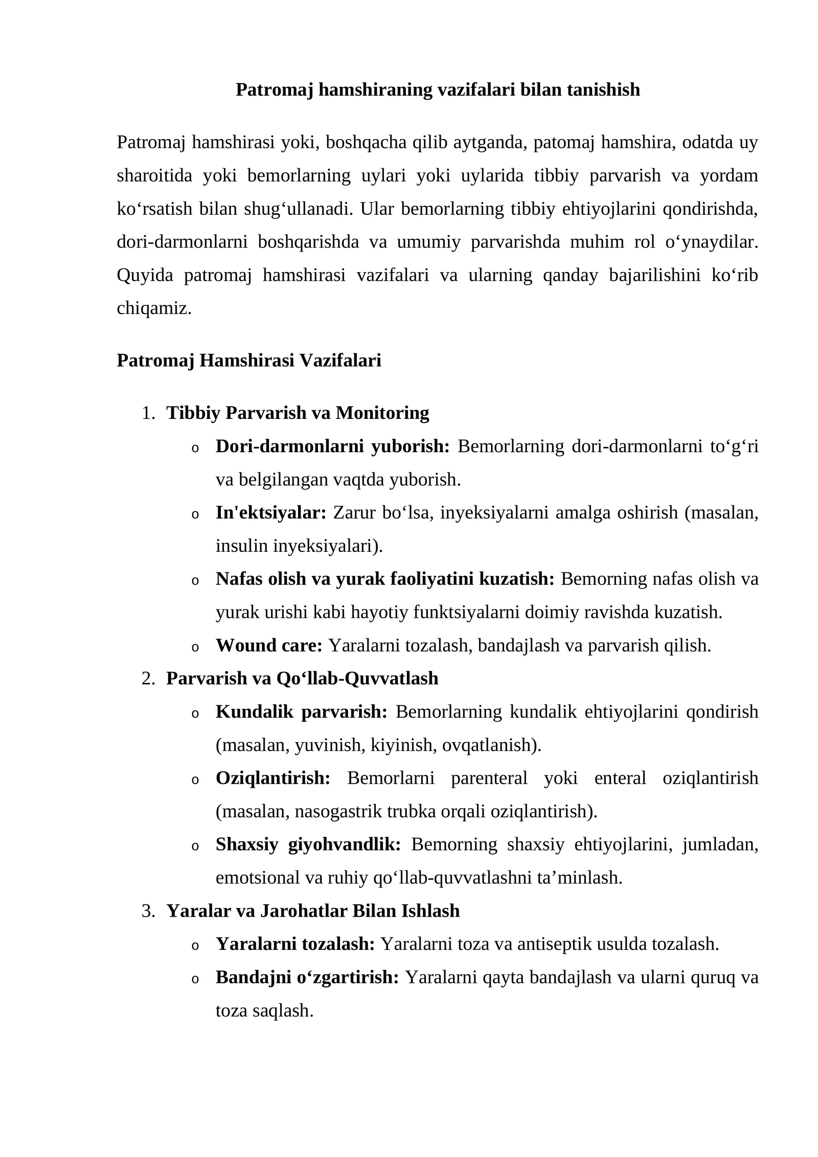 Patromaj Hamshirasi Vazifalari