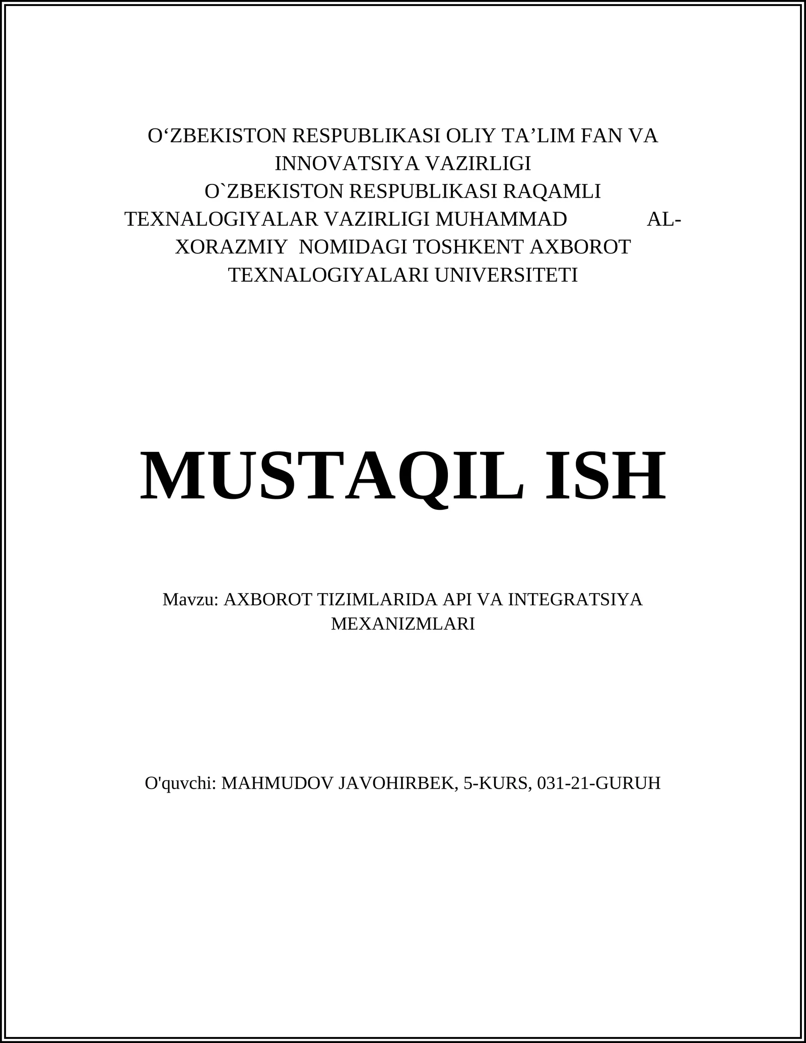 AXBOROT TIZIMLARIDA API VA INTEGRATSIYA MEXANIZMLARI