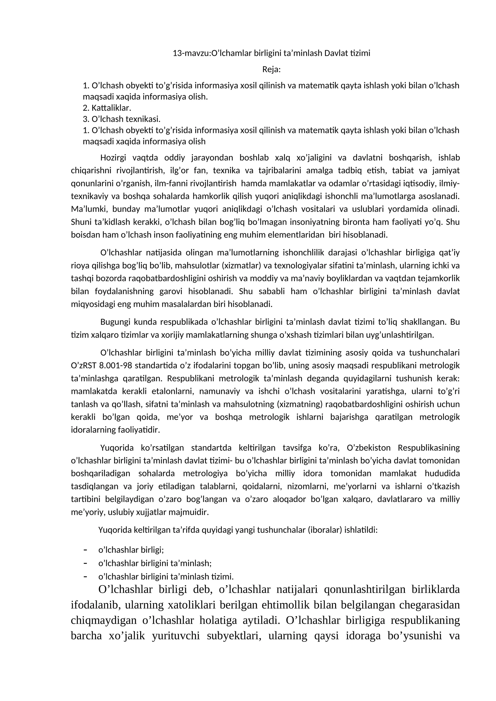 O’lchamlar birligini ta’minlash Davlat tizimi