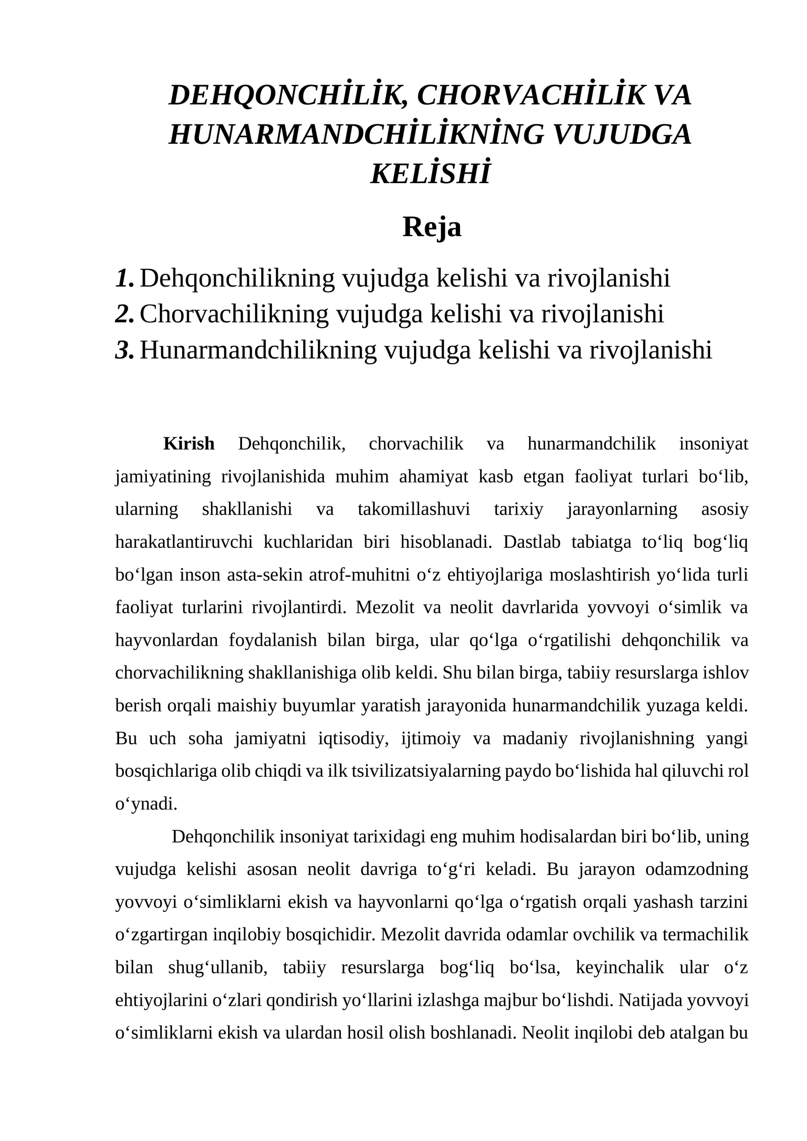 Dehqonchilik, chorvachilik va hunarmandchilikning vujudga kelishi