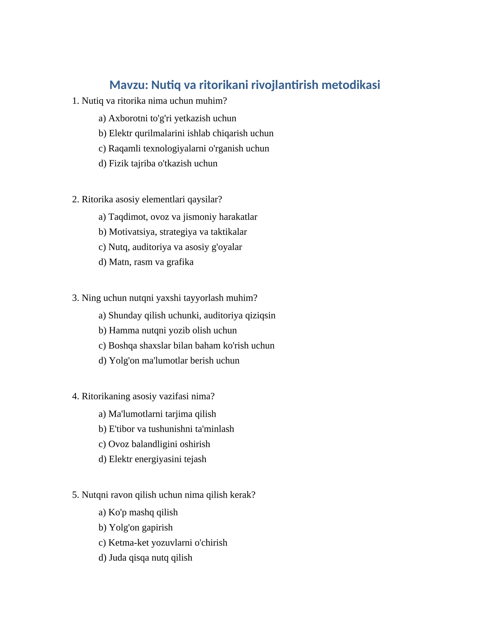 Nutiq va ritorikani rivojlantirish metodikasi