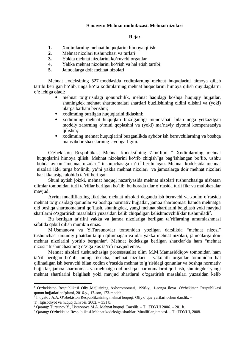 9-mavzu: Меhnat muhofazasi. Mehnat nizolari