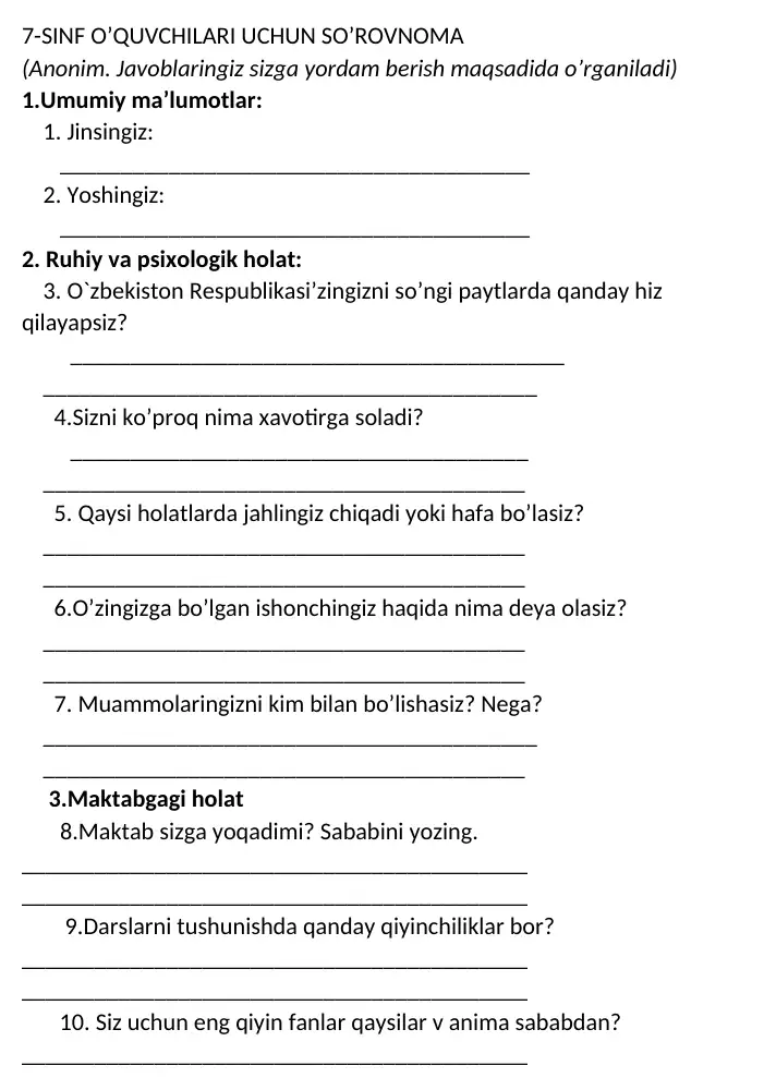 7-SINF O’QUVCHILARI UCHUN SO’ROVNOMA