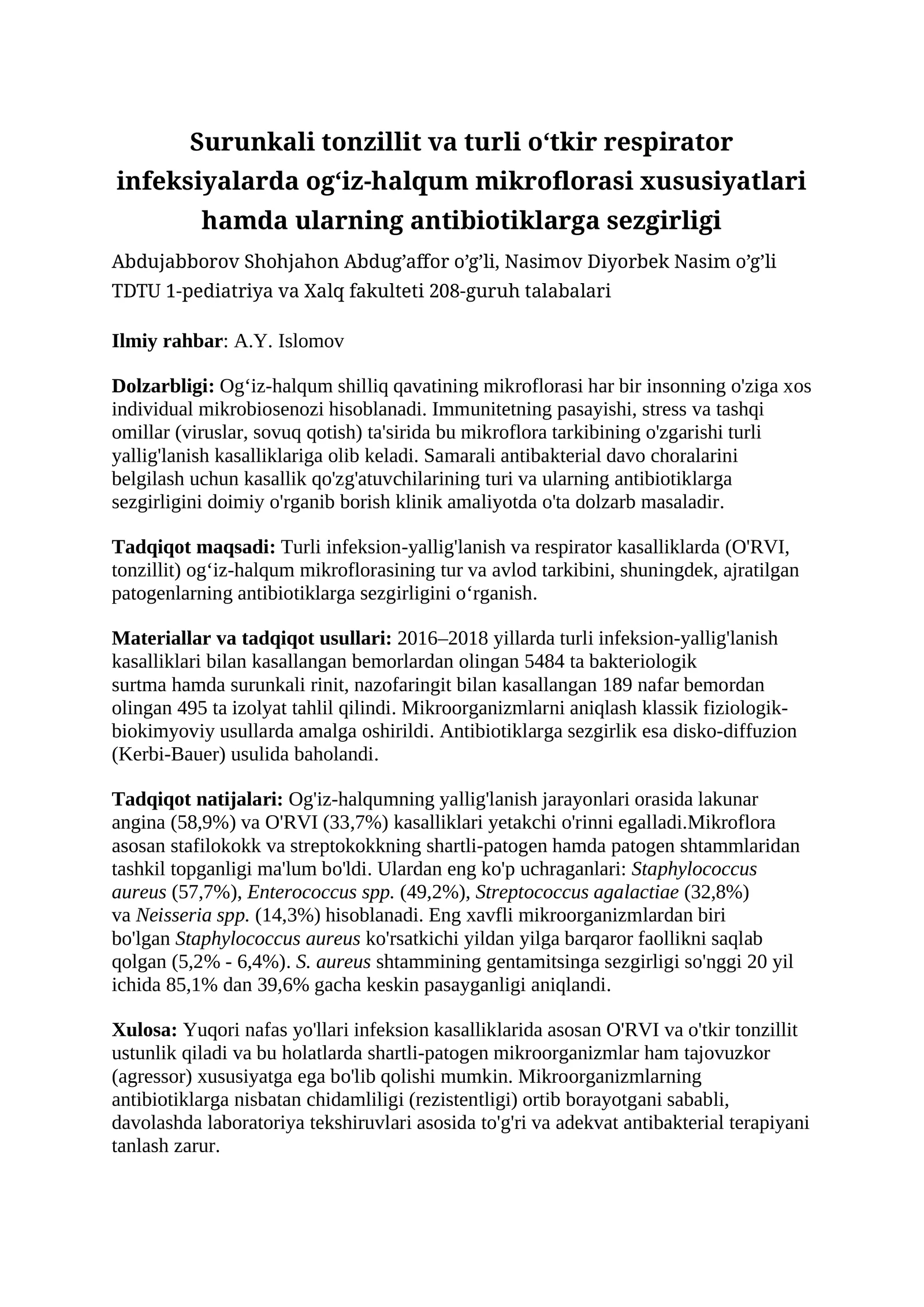 Surunkali tonzillit va turli o‘tkir respirator infeksiyalarda og‘iz-halqum mikroflorasi xususiyatlari hamda ularning antibiotiklarga sezgirligi