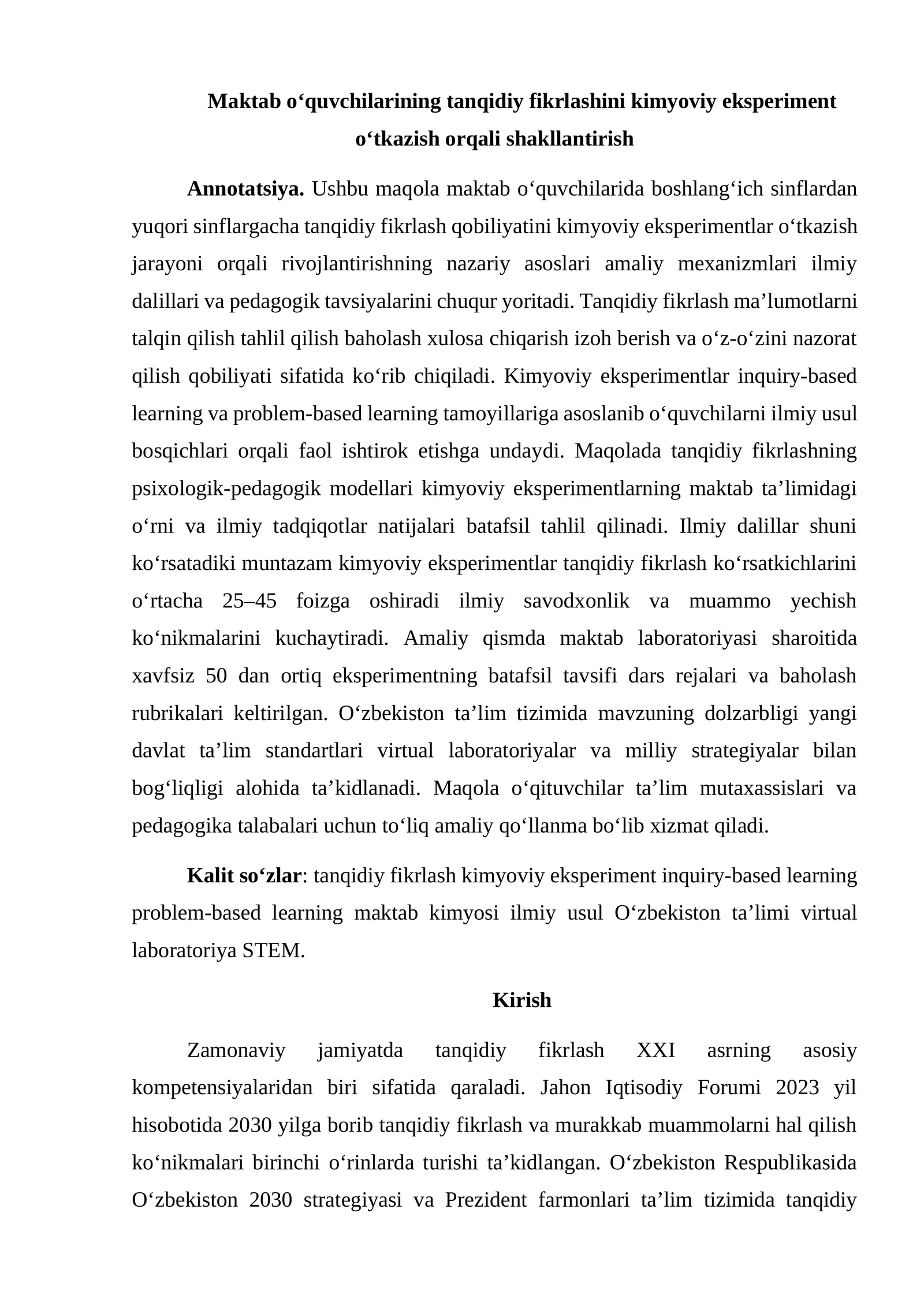 Maktab o‘quvchilarining tanqidiy fikrlashini kimyoviy eksperiment o‘tkazish orqali shakllantirish