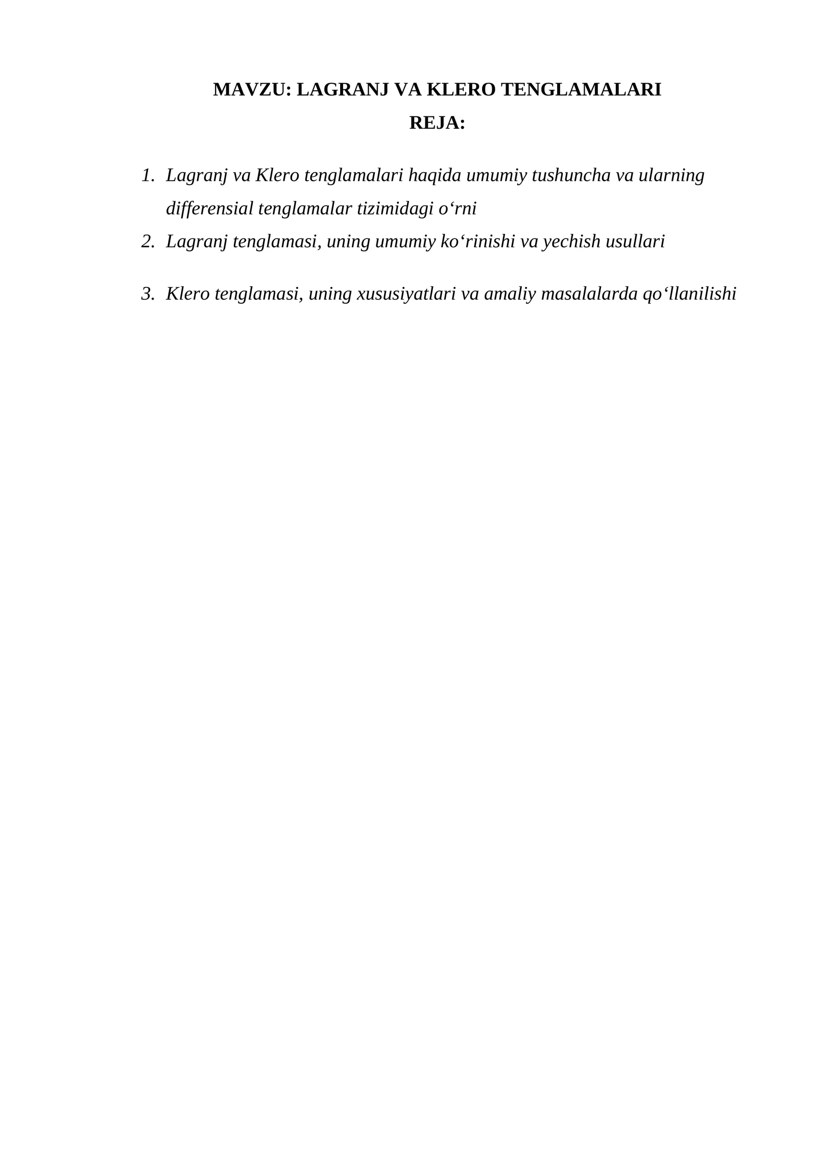 LAGRANJ VA KLERO TENGLAMALARI