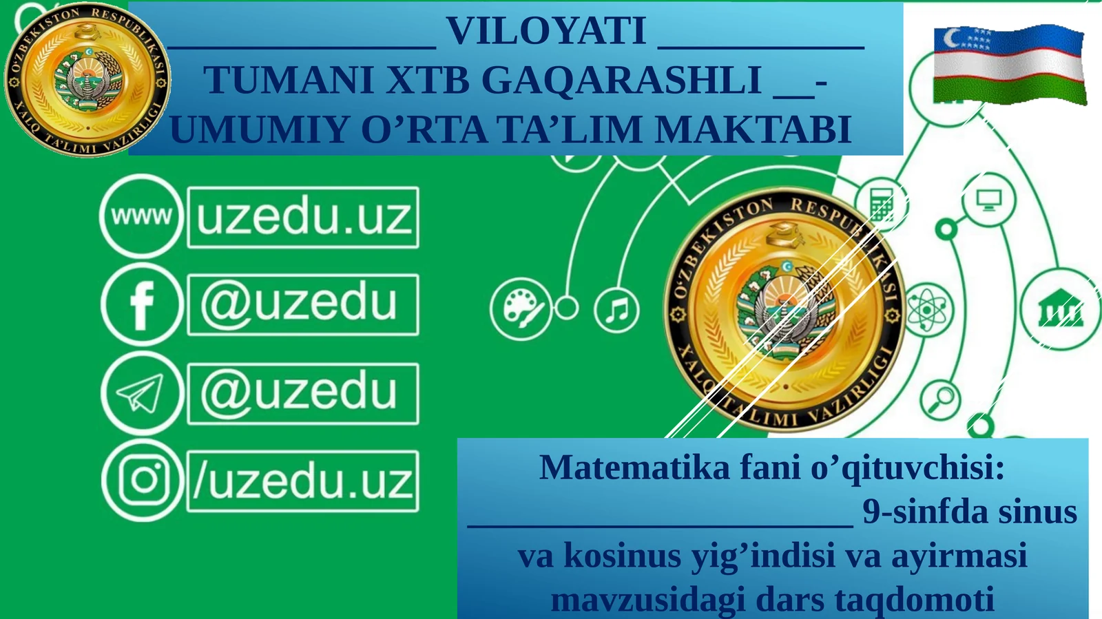 9-sinf Algebra dars ishlanma. Sinuslar, kosinuslar yig'indisi va ayirmasi