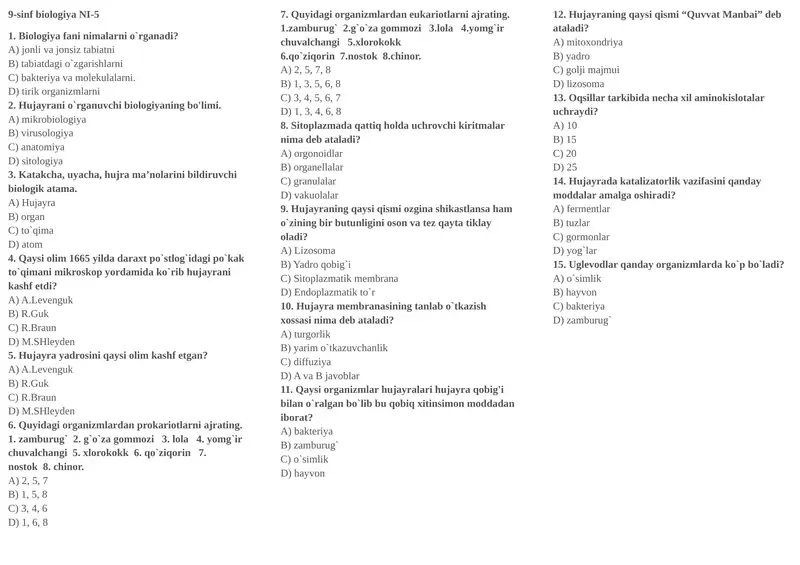 Biologiya 9-sinflar uchun Nazorat ishi -1