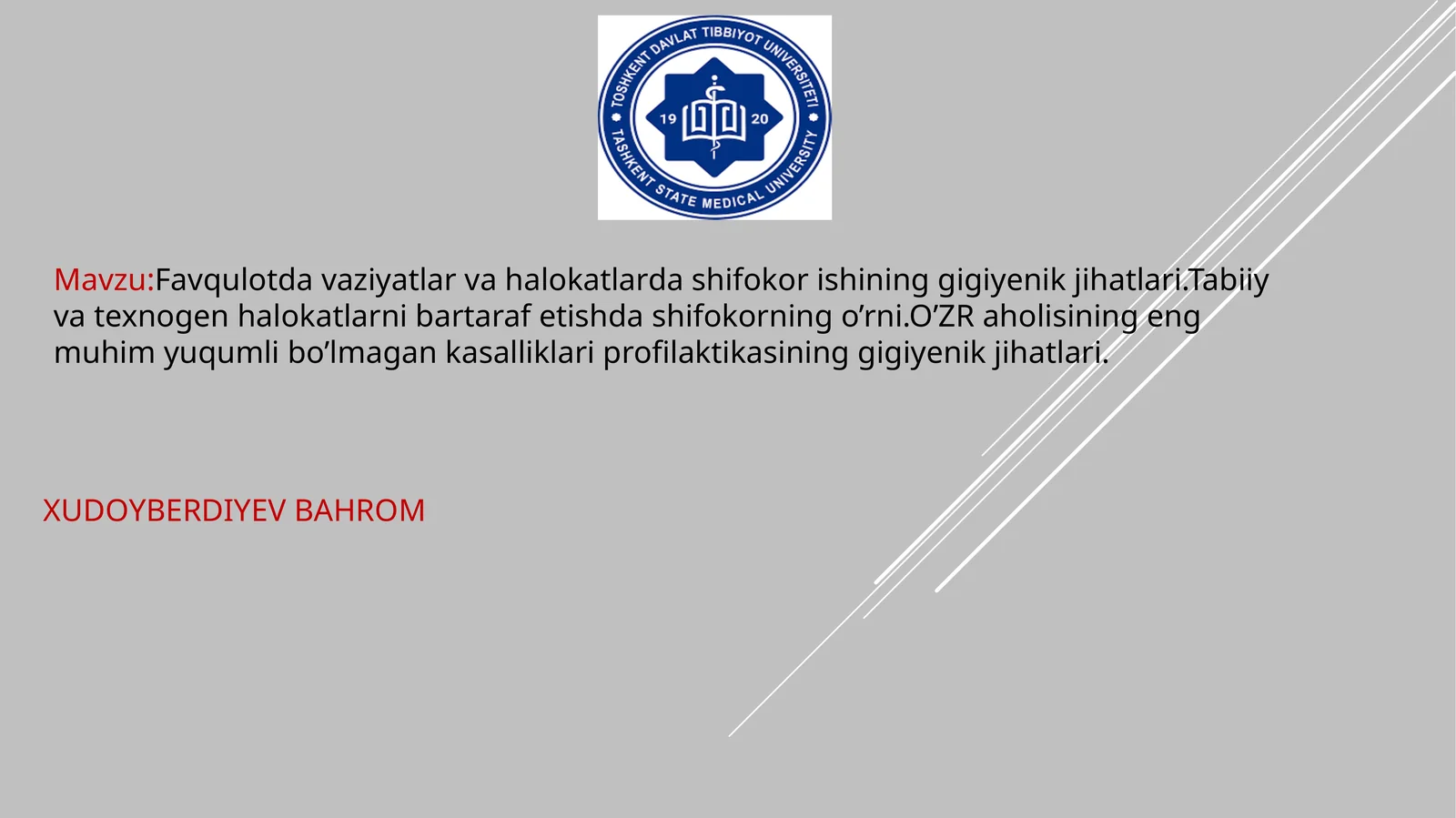 Favqulotdavaziyatlarvahalokatlardashifokorishininggigiyenikjihatlari.Tabiiyvatexnogenhalokatlarnibartarafetishdashifokorningo’rni.O’ZRaholisiningengmuhimyuqumlibo’lmagankasalliklariprofilaktikasininggigiyenikjihatlari