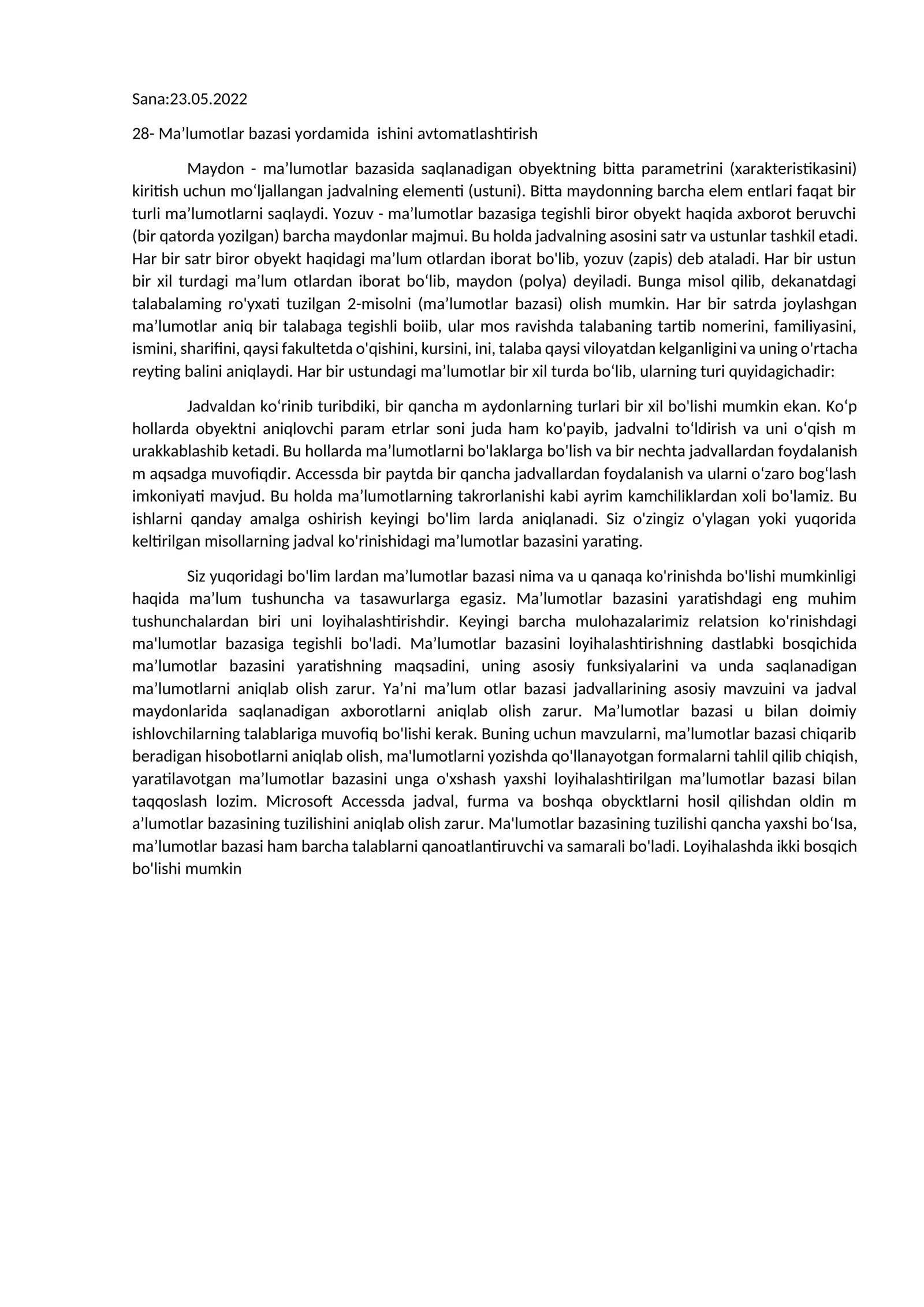 28- Ma’lumotlar bazasi yordamida ishini avtomatlashtirish