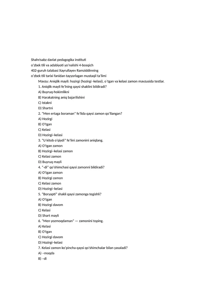 UZB Tajriba sinovlar testlari