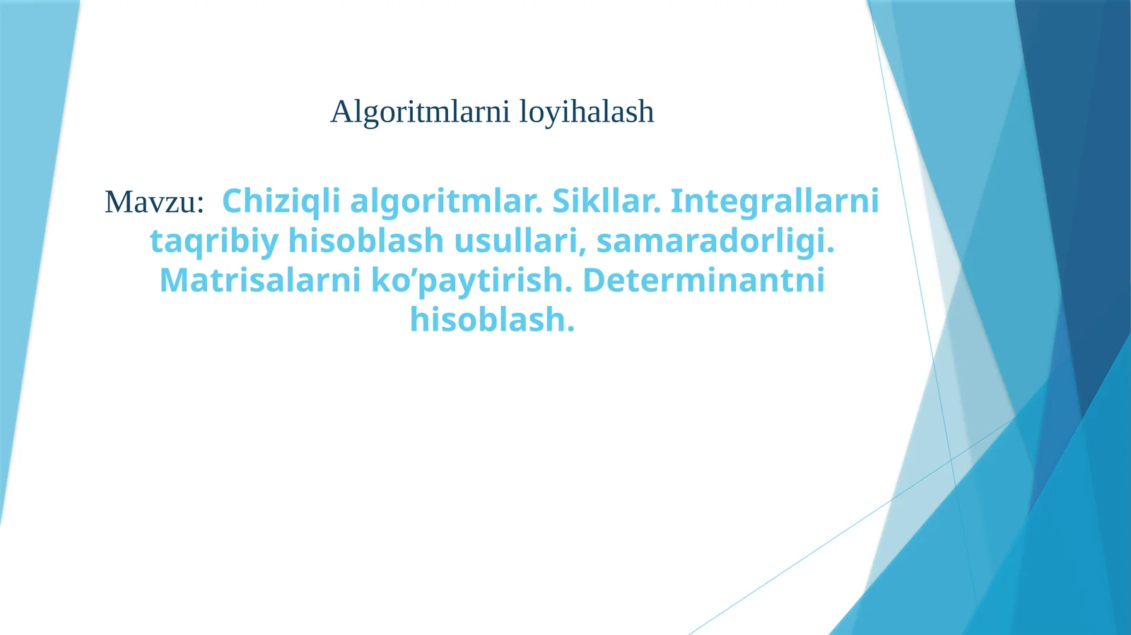 Chiziqli algoritmlar. Sikllar. Integrallarni taqribiy hisoblash usullari, samaradorligi. Matrisalarni ko’paytirish.