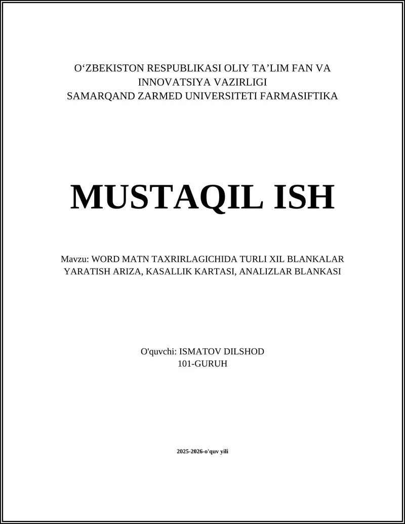 Word Matn Taxrirlagichida Turli Xil Blankalar Yaratish Ariza, Kasallik Kartasi, Analizlar Blankasi