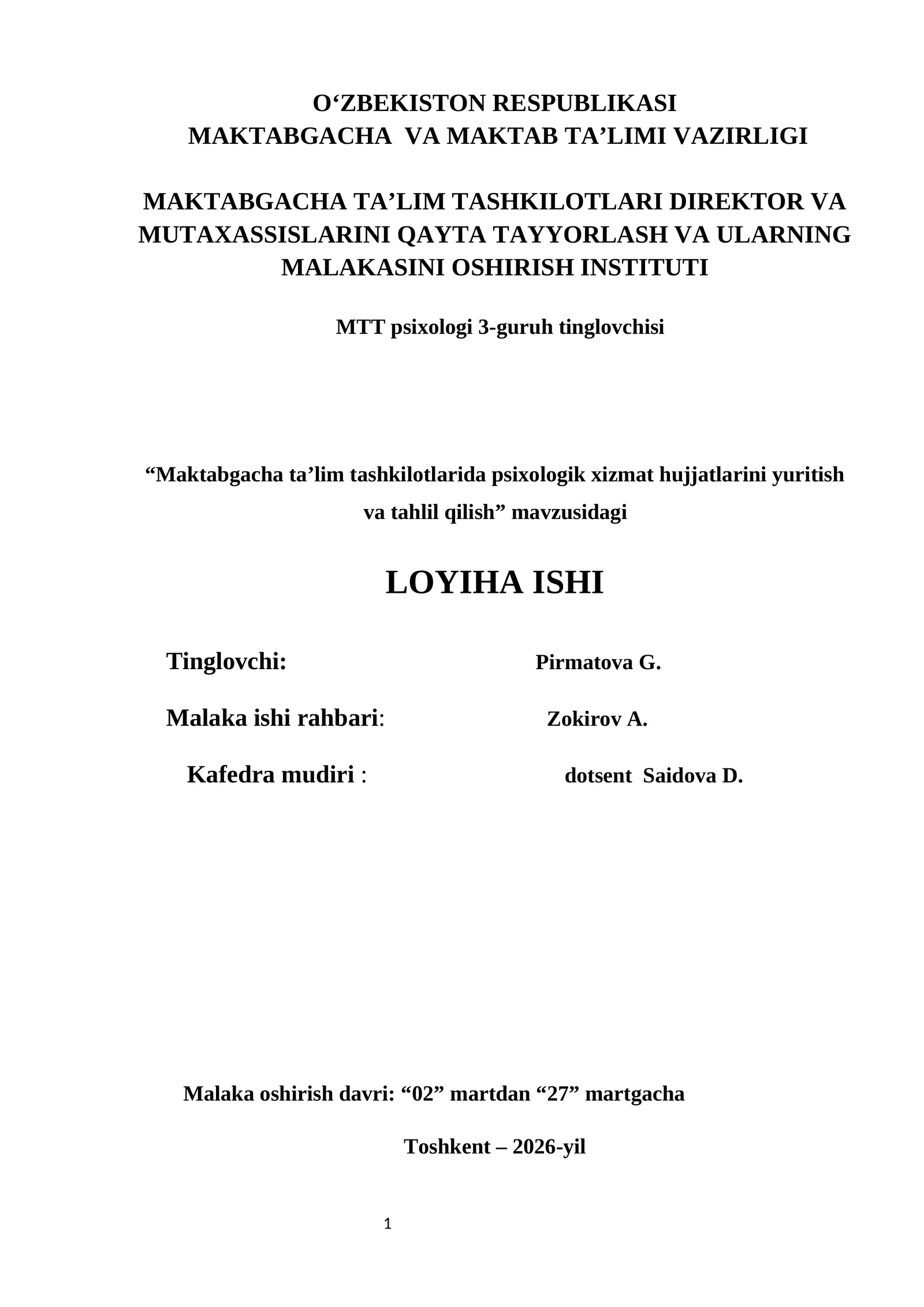 Psixologik xizmatlar mavzusidagi loyiha ishi