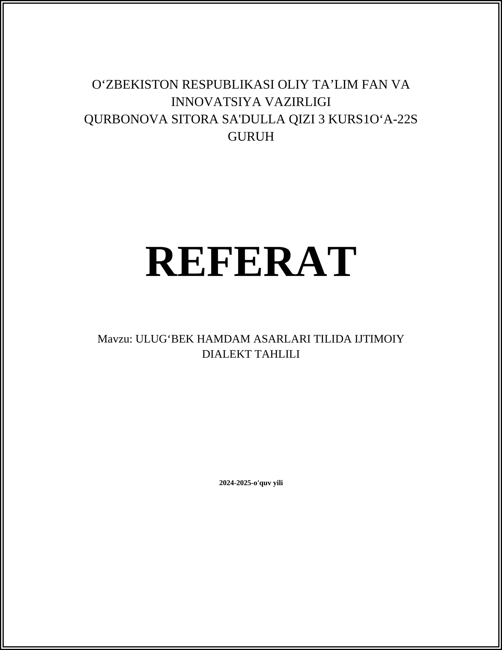 Ulugʻbek Hamdam Asarlari TILida Ijtimoiy Dialekt Tahlili
