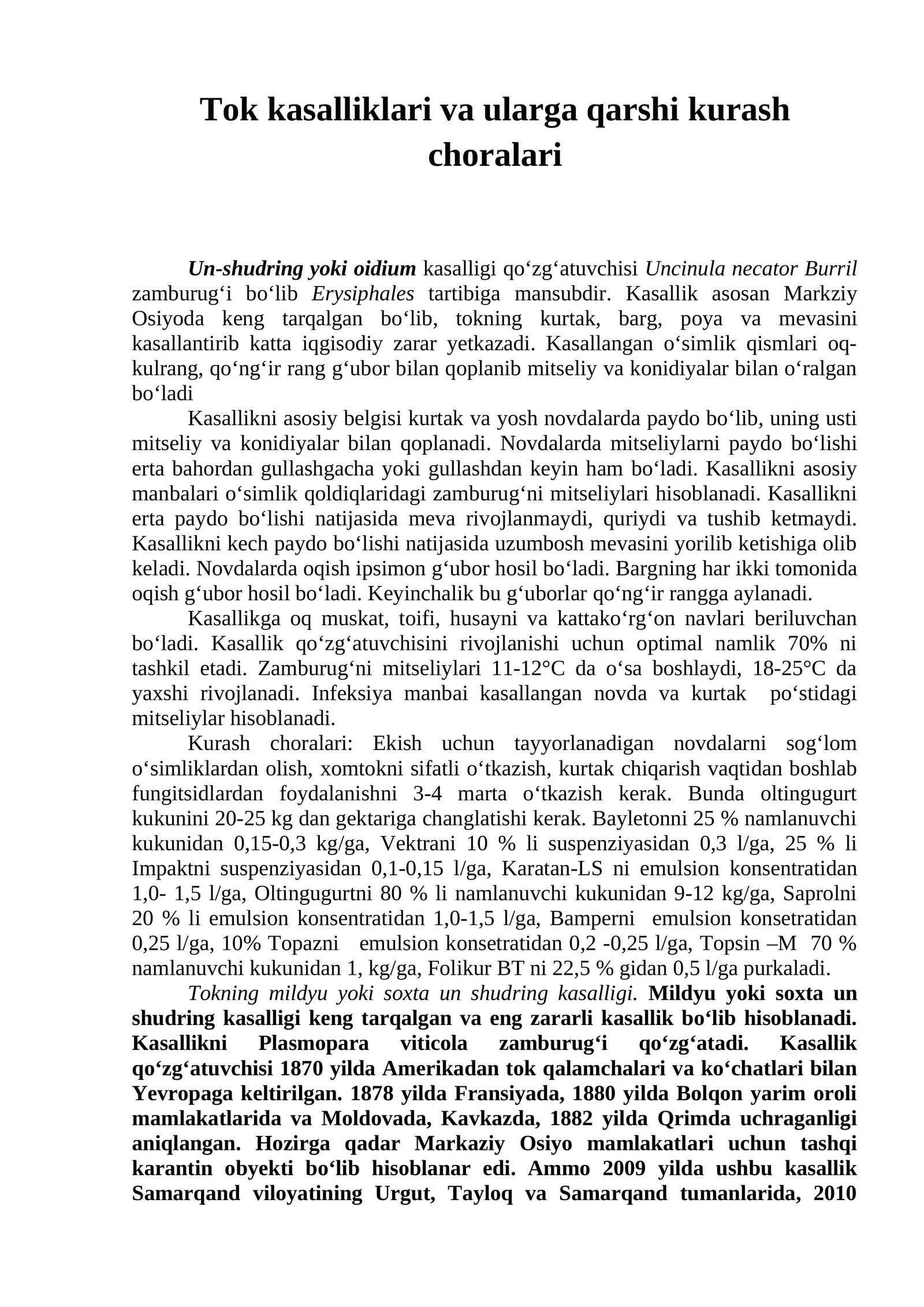 Tok kasalliklari va ularga qarshi kurash choralari