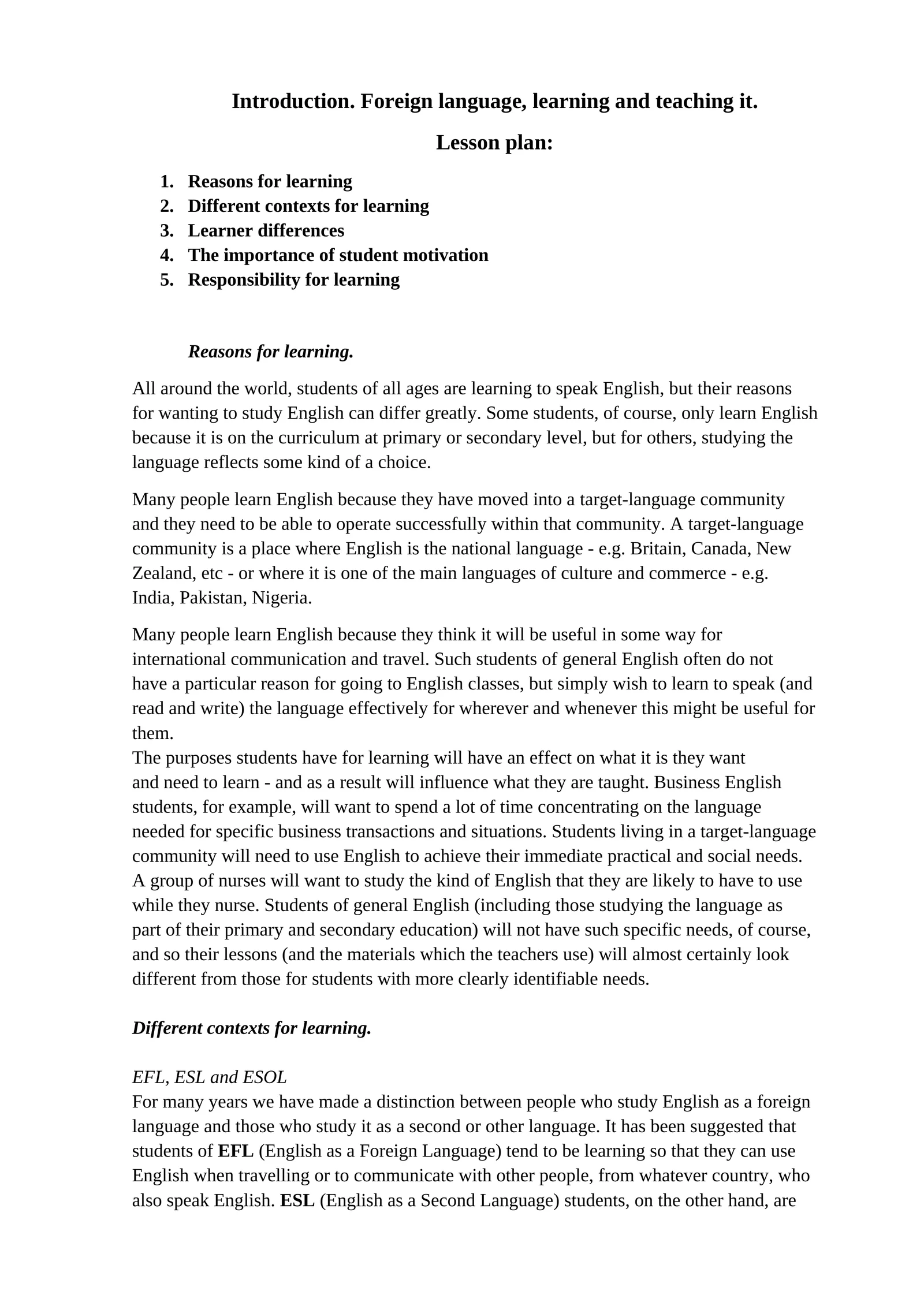 Reasons for learning