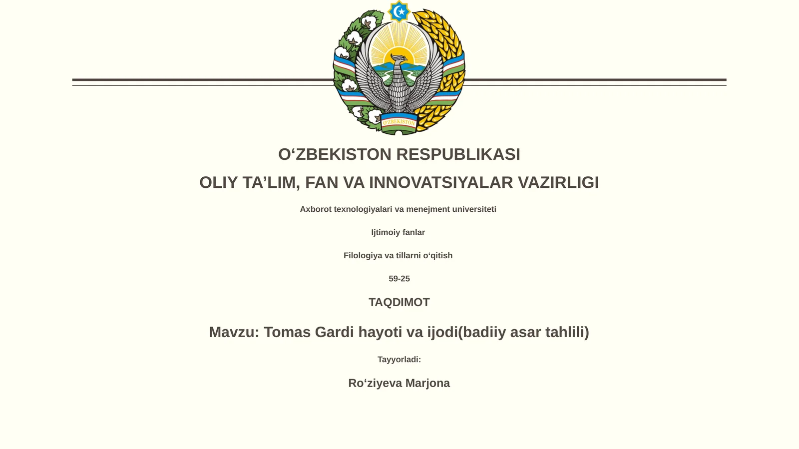 Tomas Gardi hayoti va ijodi(badiiy asar tahlili)