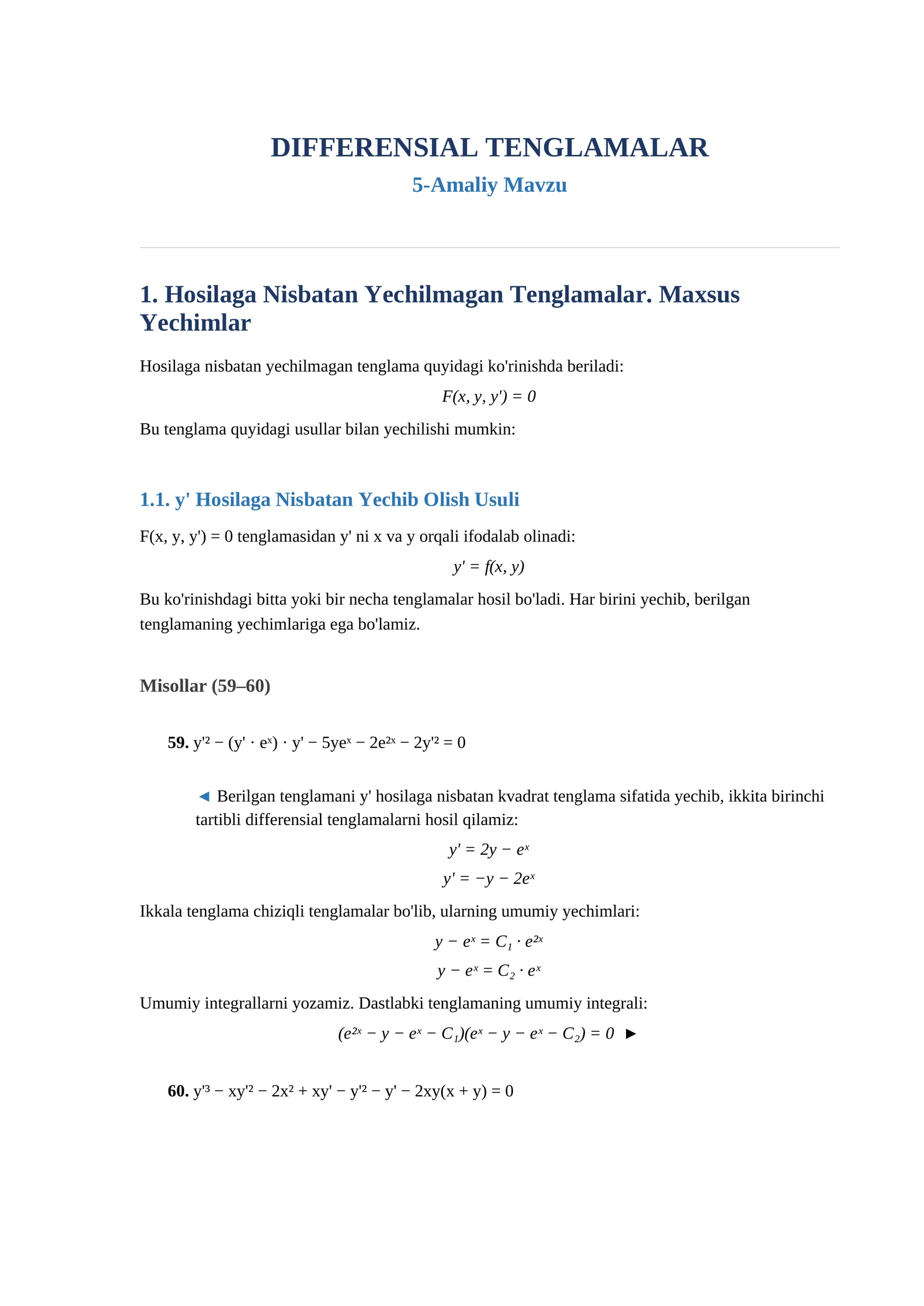 Difrinsial tenglamalar.Hosilaga Nisbatan Yechilmagan Tenglamalar.Maxsus Yechimlar