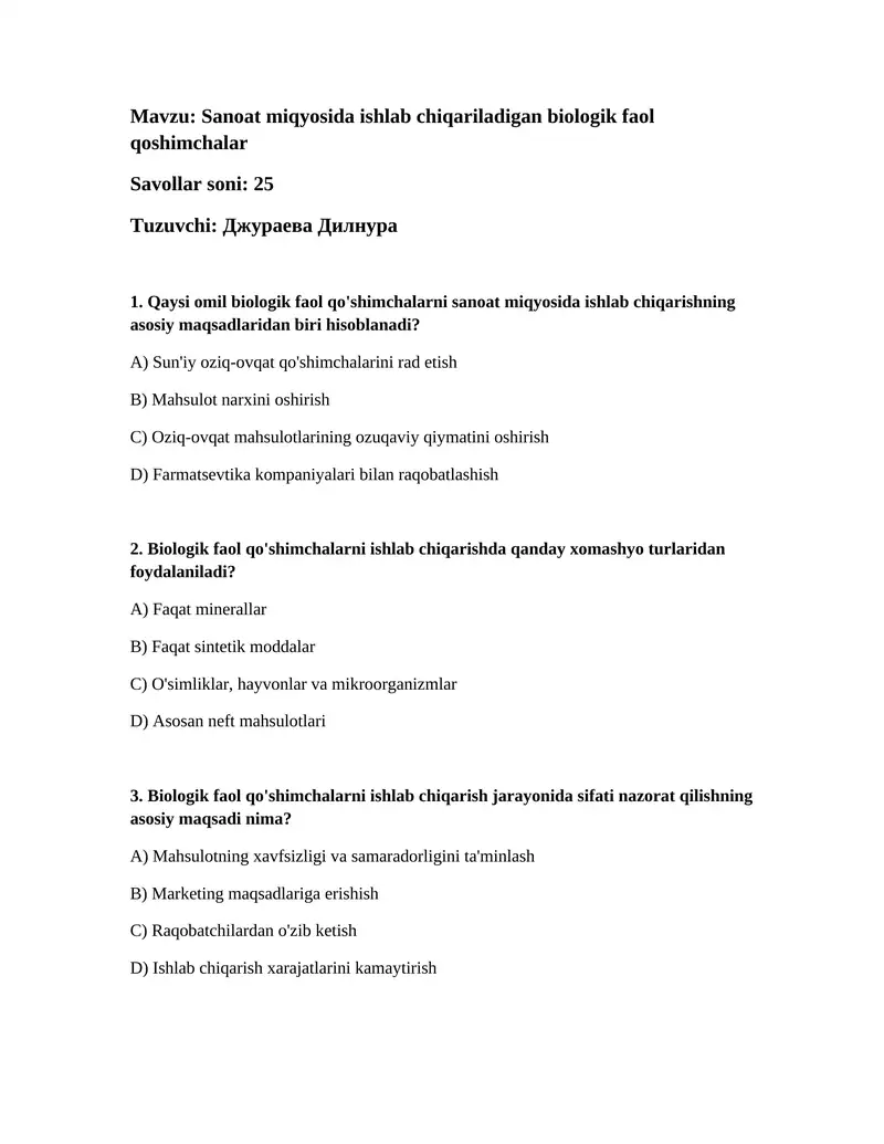 Sanoat miqyosida ishlab chiqariladigan biologik faol qoshimchalar